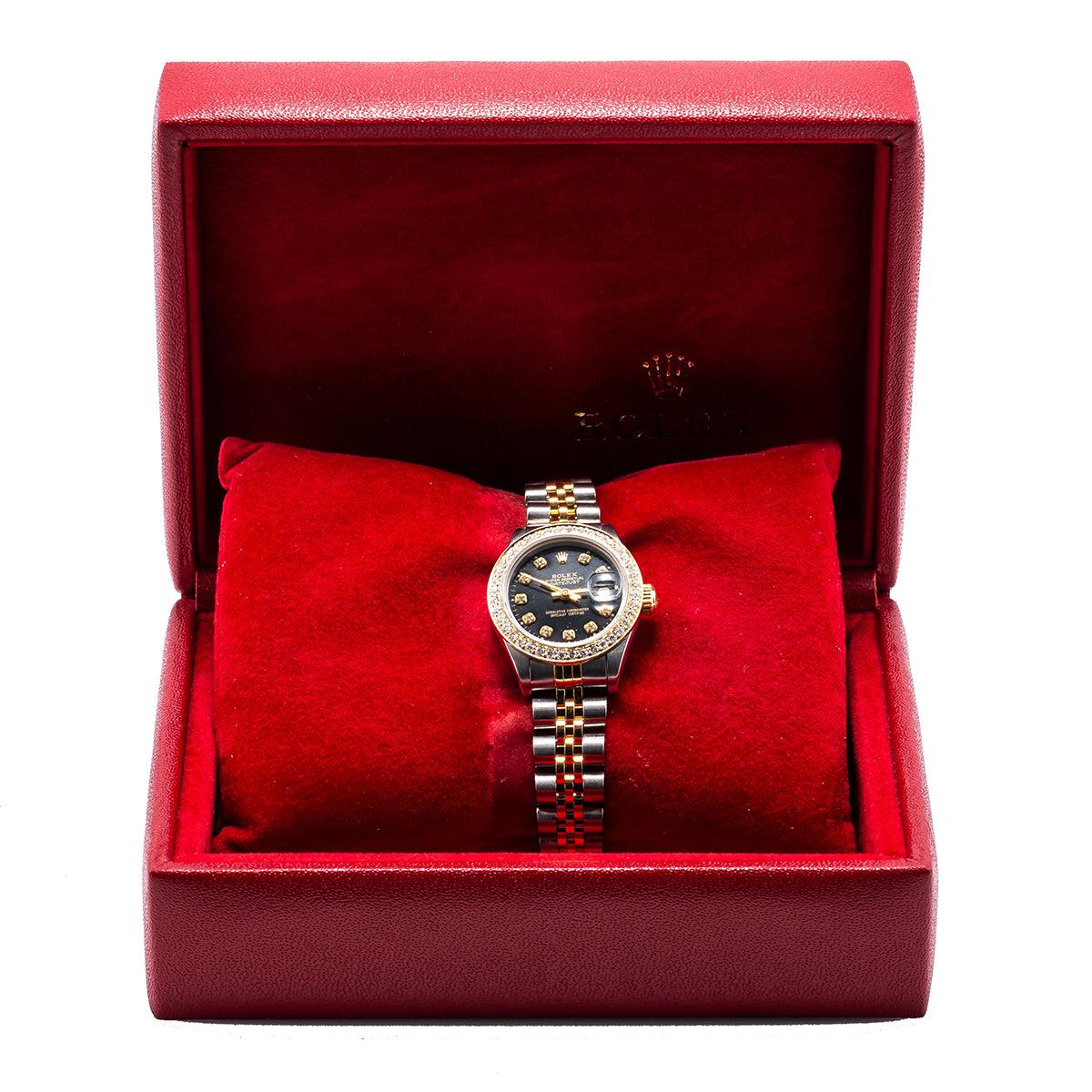 Rolex Datejust Two Tone Diamond Watch, 69173 26mm, Black Dial With 0.90CT Diamond Bezel