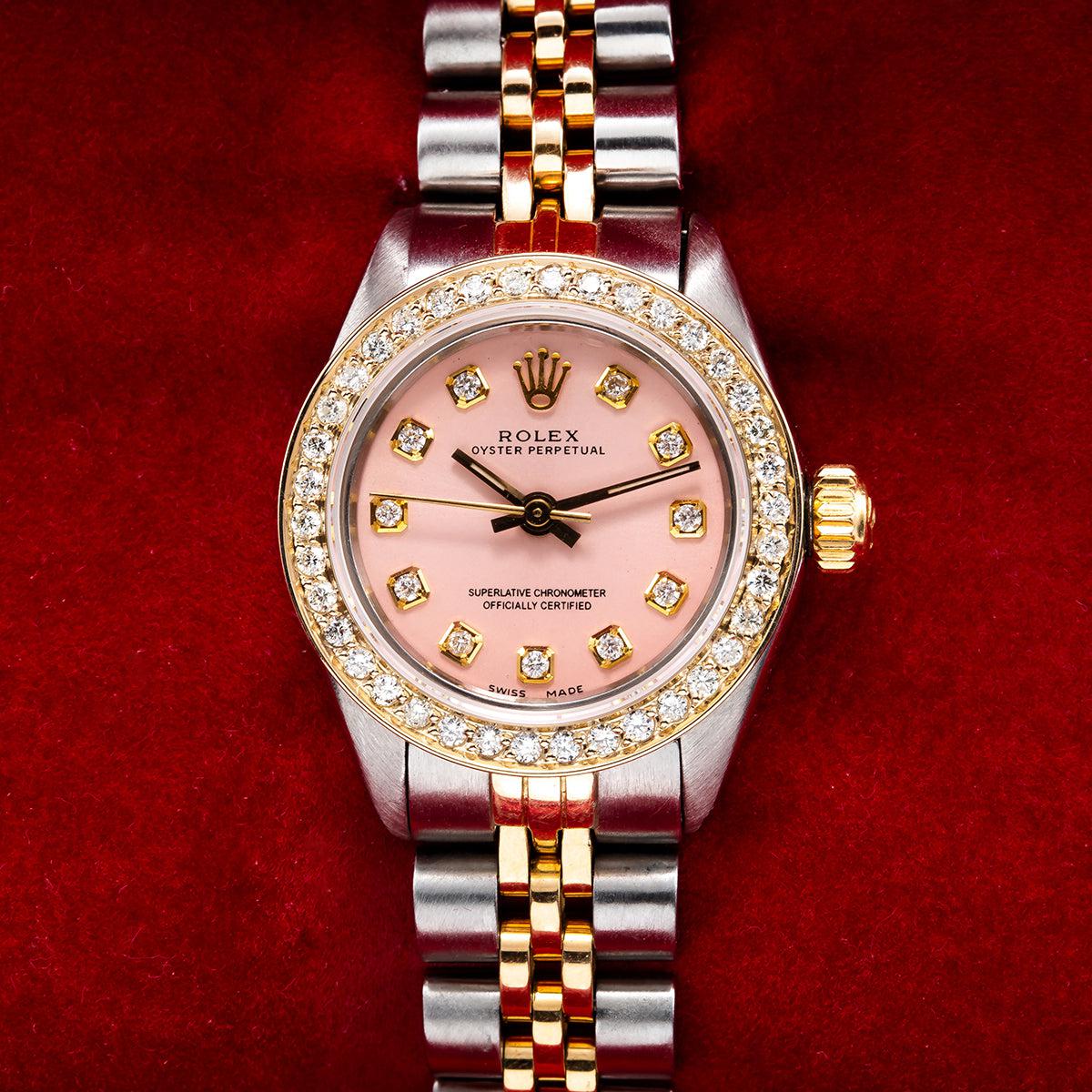 Rolex Oyster Perpetual 26MM Pink Dial With 1.00 CT Diamond Bezel