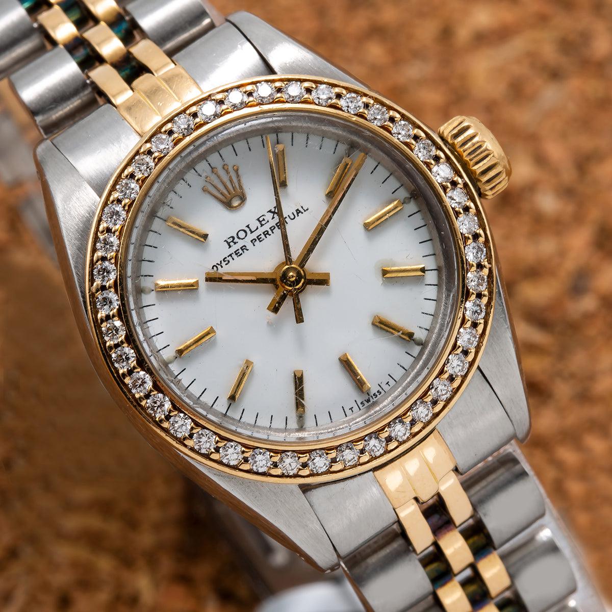 Rolex Oyster Perpetual Diamond Watch, 26mm, White Dial with 0.80CT Diamond Bezel