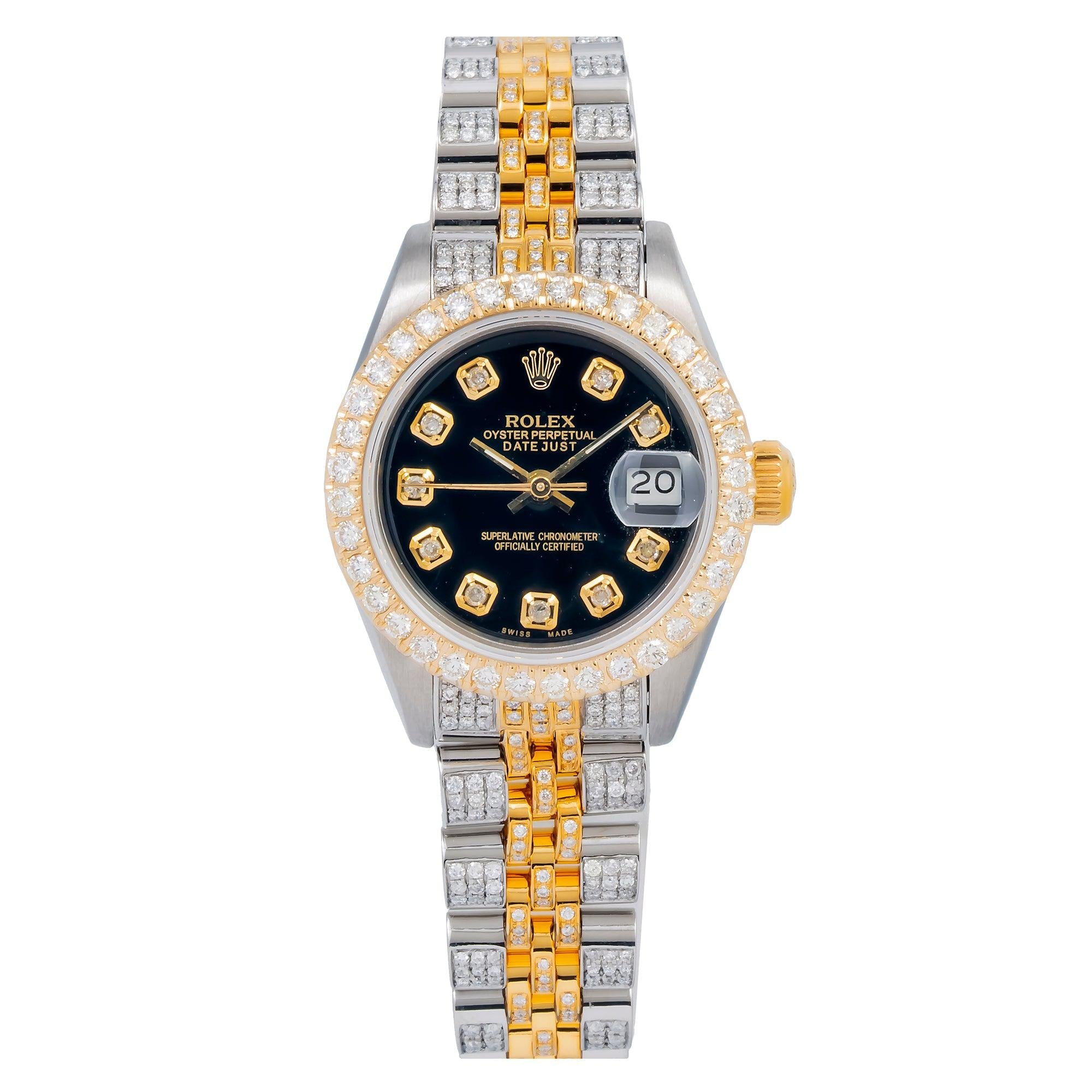 Rolex Datejust 26MM 69173 Black Diamond Dial Diamond Bezel Two Tone Full Diamond Jubilee Bracelet