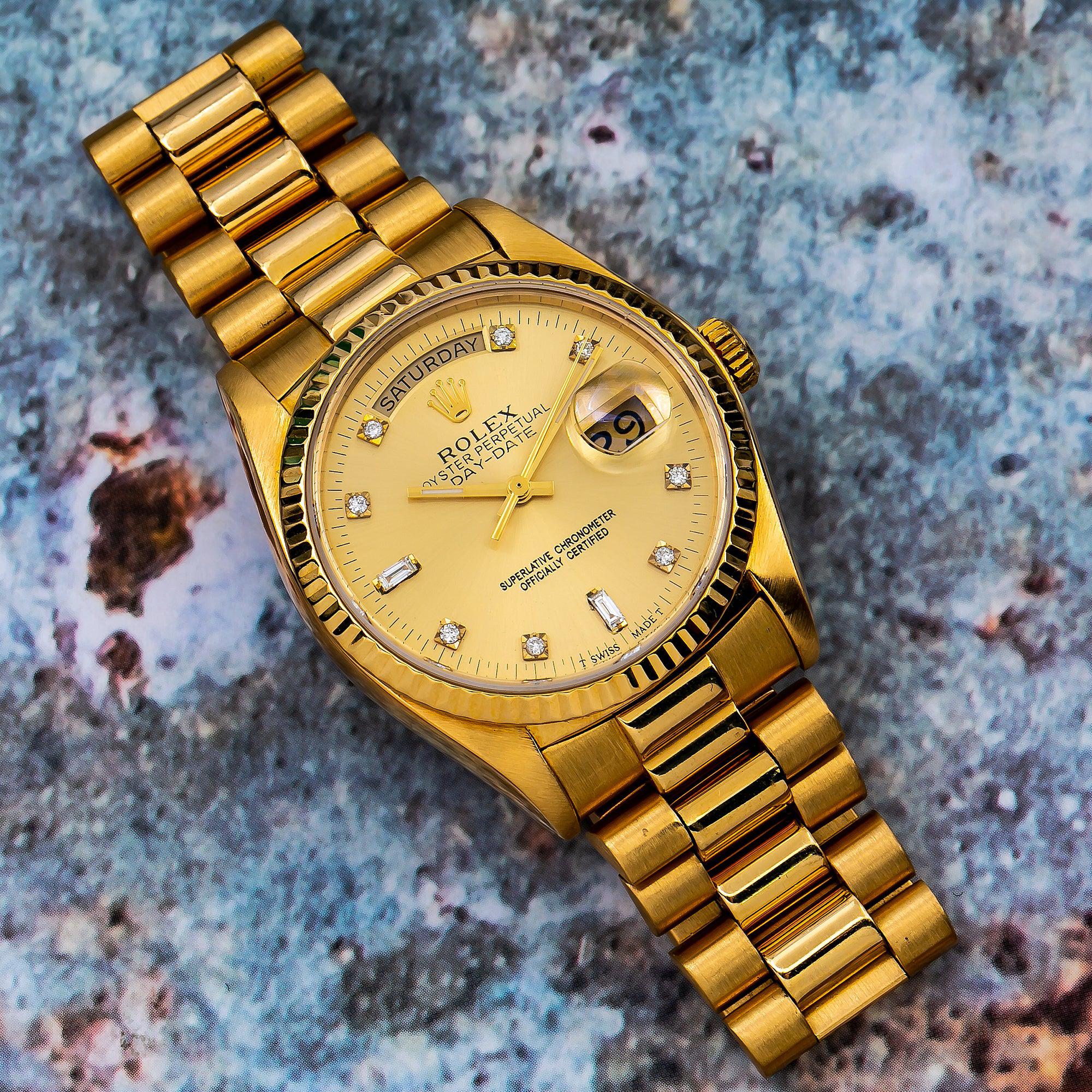 Rolex Day-Date 18038 36MM Champagne Diamond Dial With Yellow Gold President Bracelet