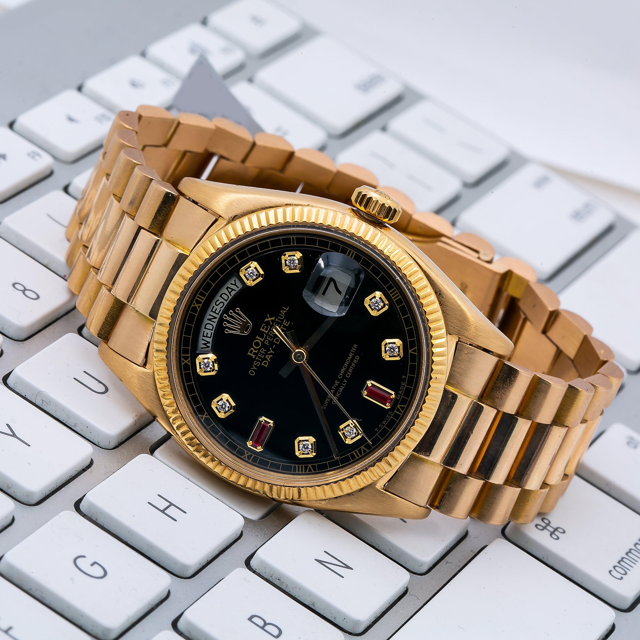 Rolex Day-Date 18038 36MM Black Diamond Dial With Yellow Gold President Bracelet