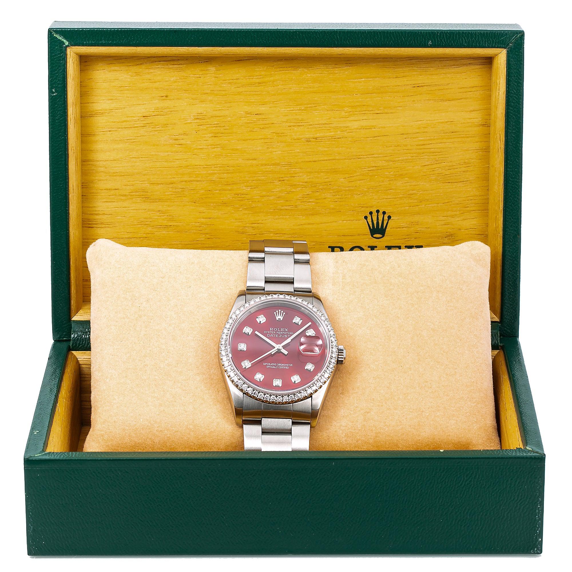 Rolex Datejust Diamond Watch, 16200 36mm, Red Diamond Dial With Stainless Steel Oyster Bracelet