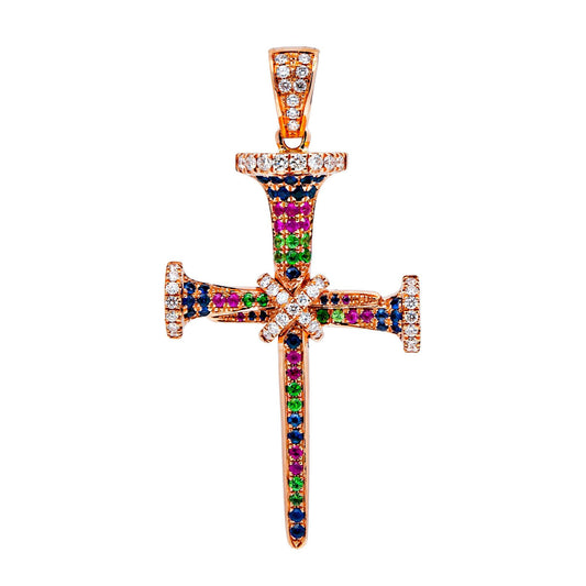 14K ROSE GOLD UNISEX CROSS WITH 0.42 CT  DIAMONDS AND 0.70 CT SAPPHIRES