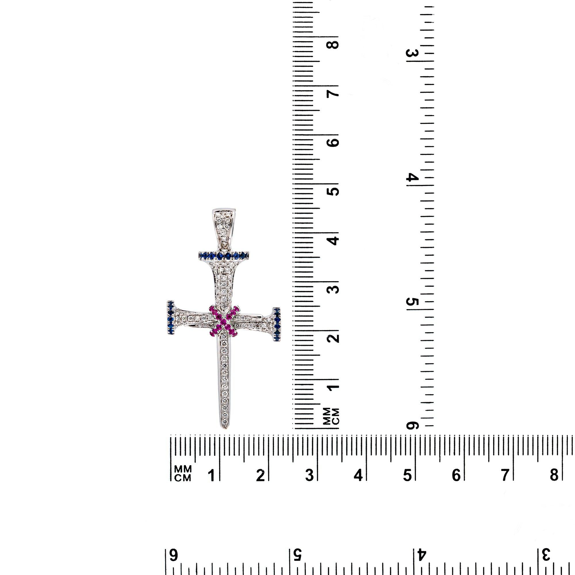 14K WHITE GOLD UNISEX CROSS WITH 0.65 CT  DIAMONDS AND 0.35 CT SAPPHIRES