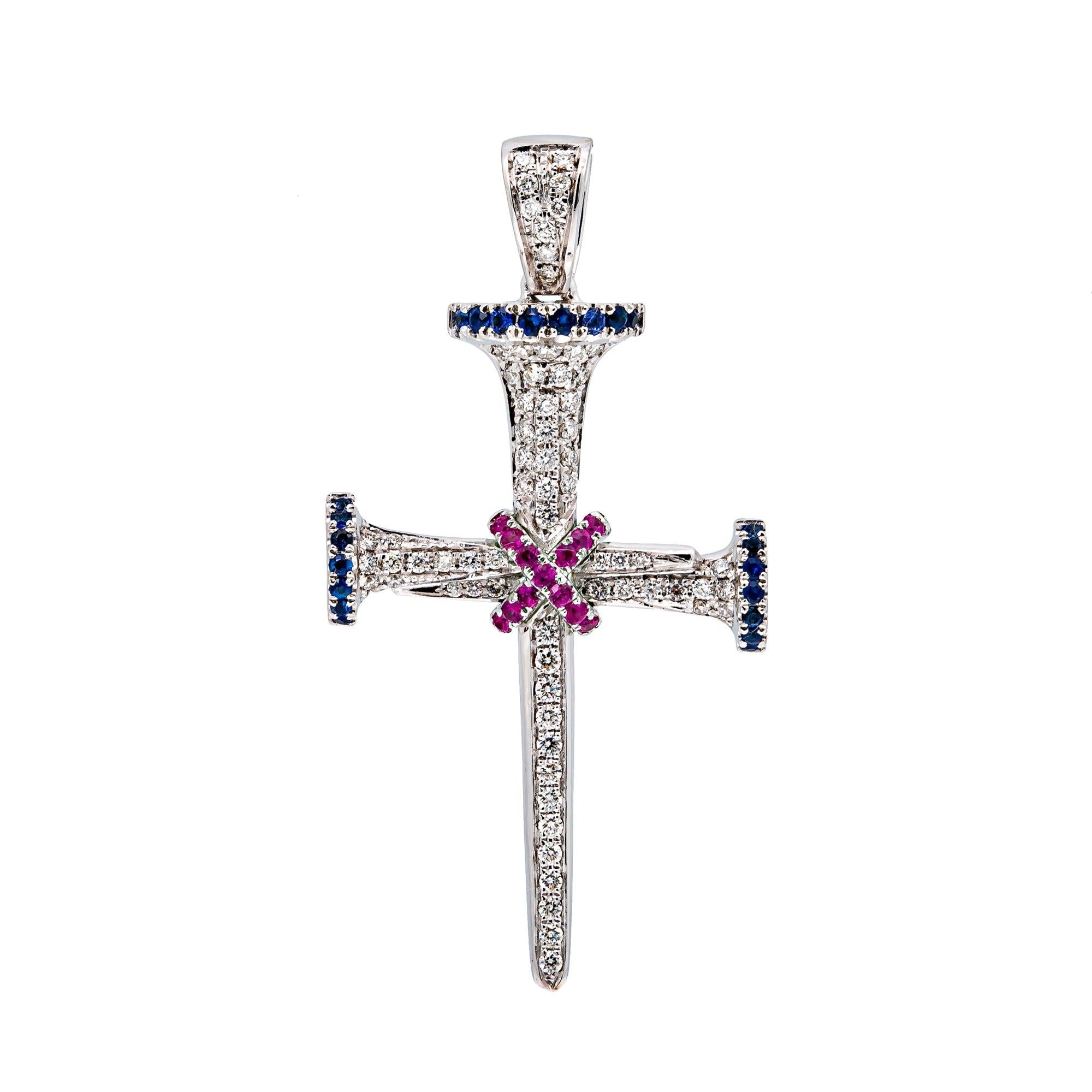 14K WHITE GOLD UNISEX CROSS WITH 0.65 CT  DIAMONDS AND 0.35 CT SAPPHIRES