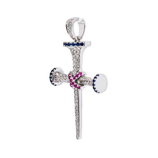 14K WHITE GOLD UNISEX CROSS WITH 0.65 CT  DIAMONDS AND 0.35 CT SAPPHIRES