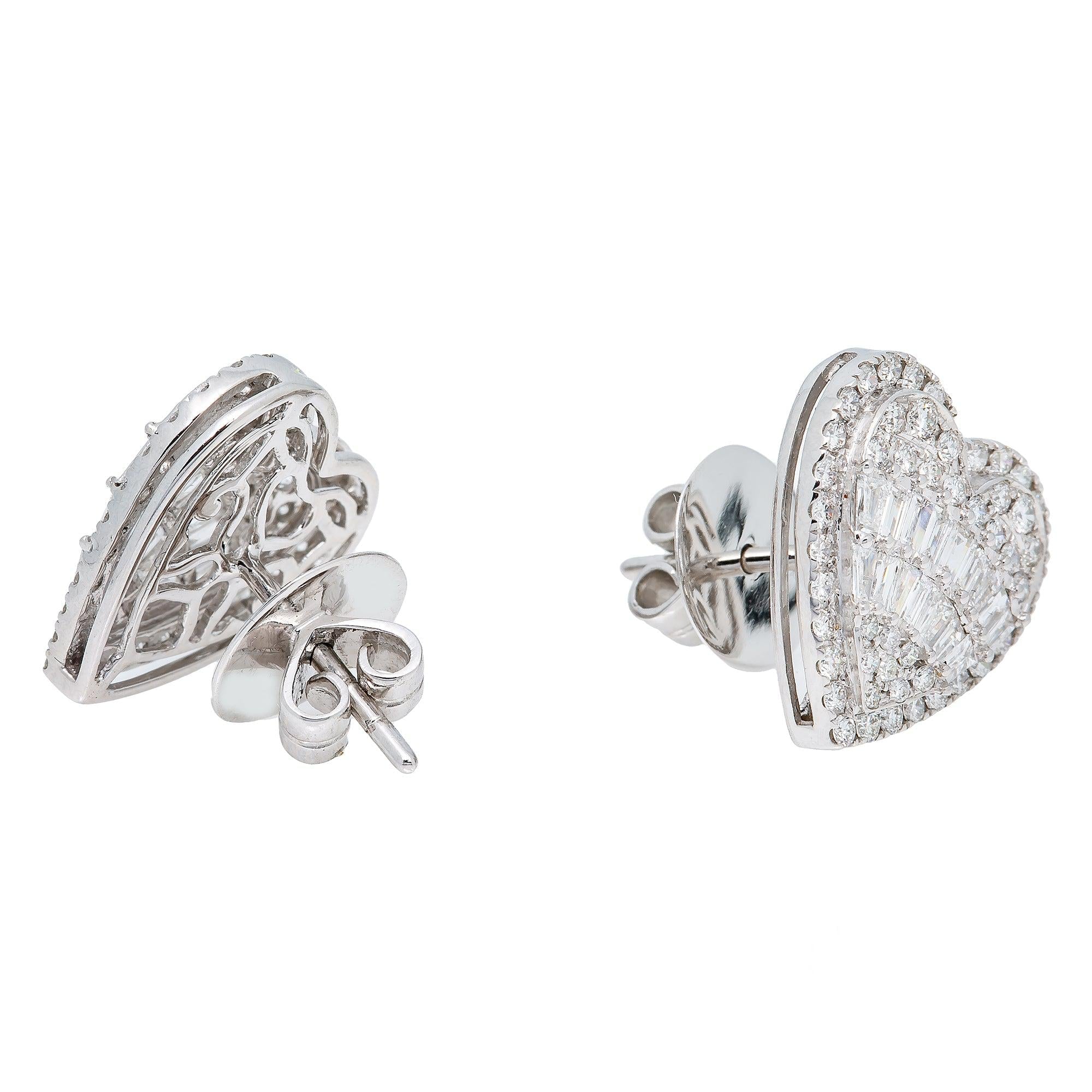 14K White Gold Baguette Diamond Heart Earrings 2.60CT