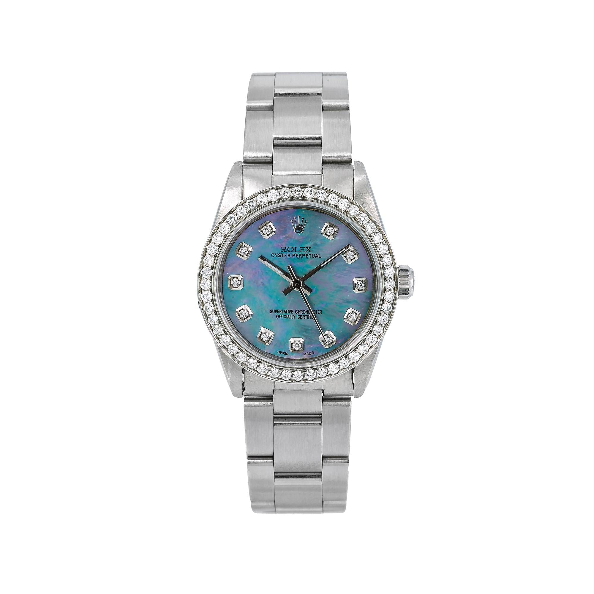 Rolex Oyster Perpetual 67513 31MM Blue Mother of Pearl Diamond Dial With 1.05 CT Diamonds
