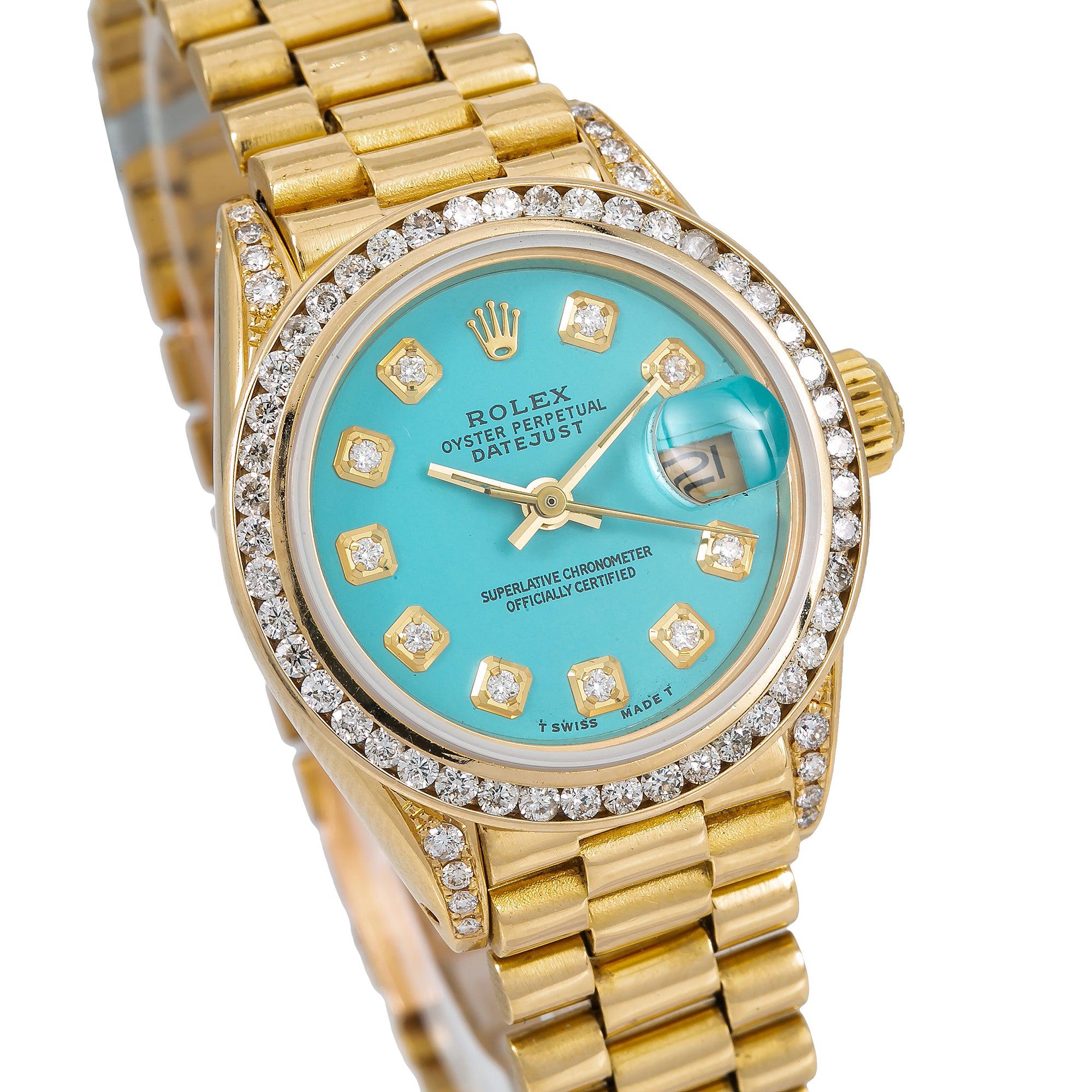 Rolex Lady-Datejust Diamond Watch, 6917 26mm, Turquoise Diamond Dial With Yellow Gold President Bracelet