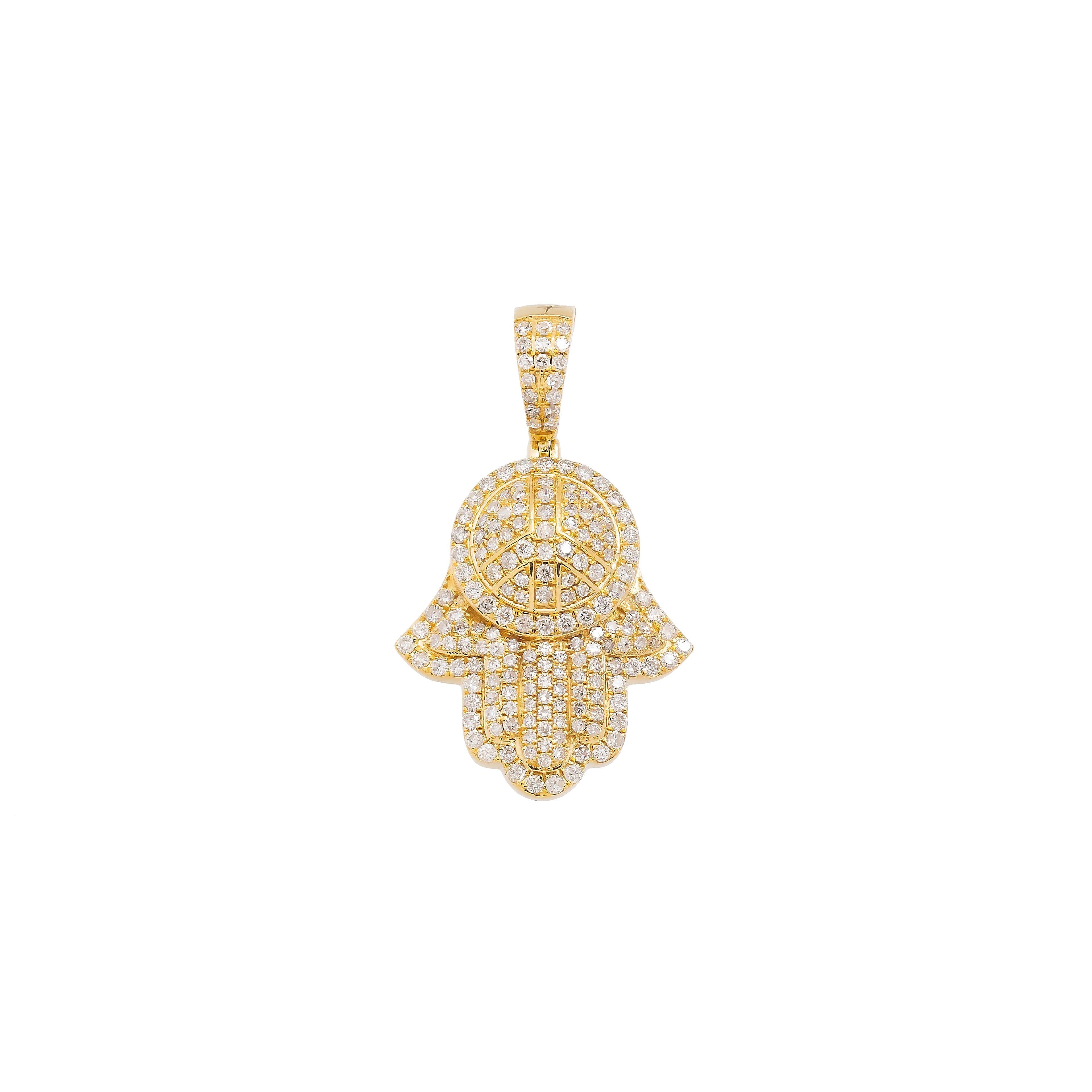 14K GOLD DIAMOND HAMSA WITH PEACE SIGN PENDANT 1.01 CT