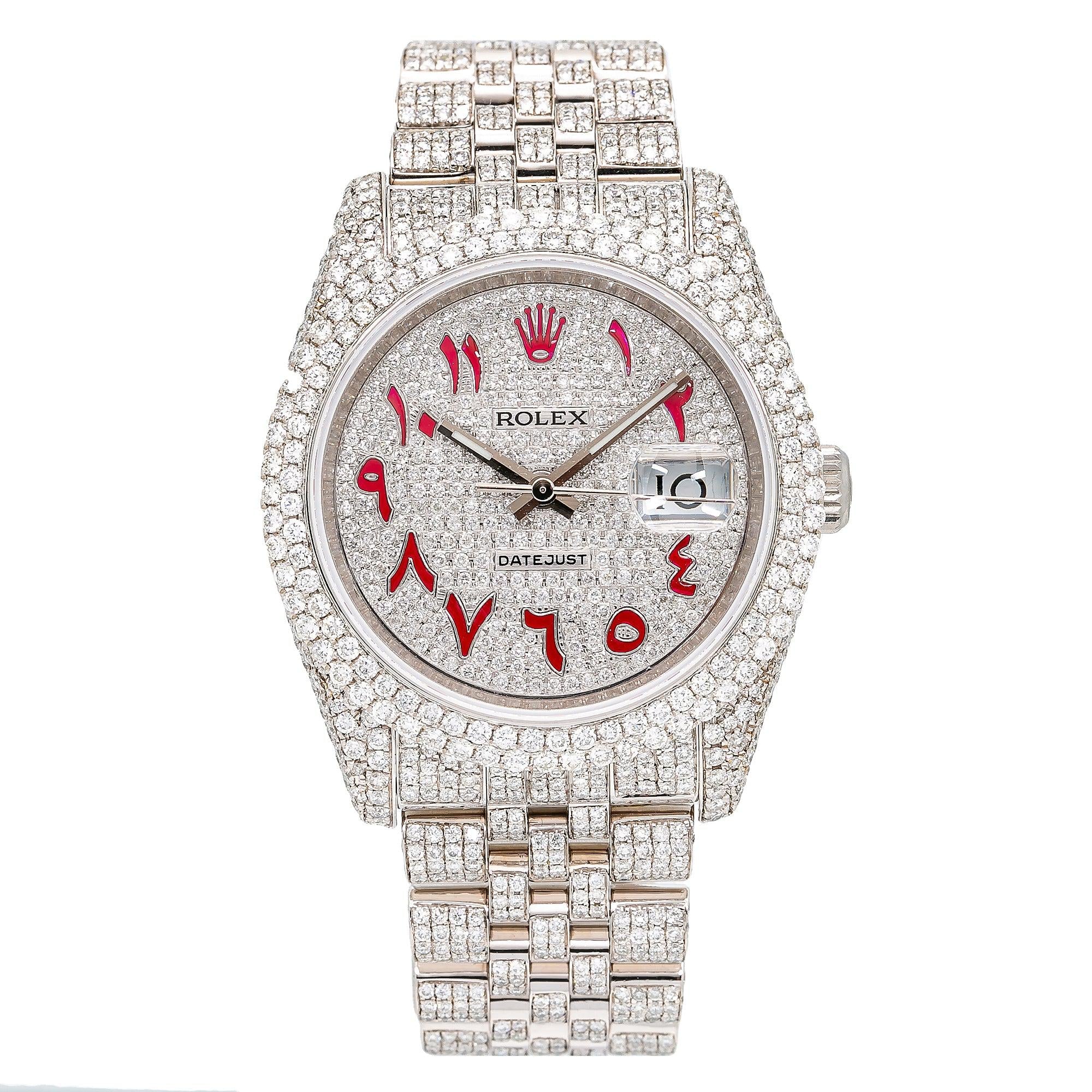 Rolex Datejust 36MM 116234 Diamond Paved Red Eastern Arabic Dial Diamond Bezel Full Diamond Oyster Bracelet 12.75ct
