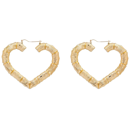 10K GOLD LADIES BAMBOO HEART HOOP EARRINGS