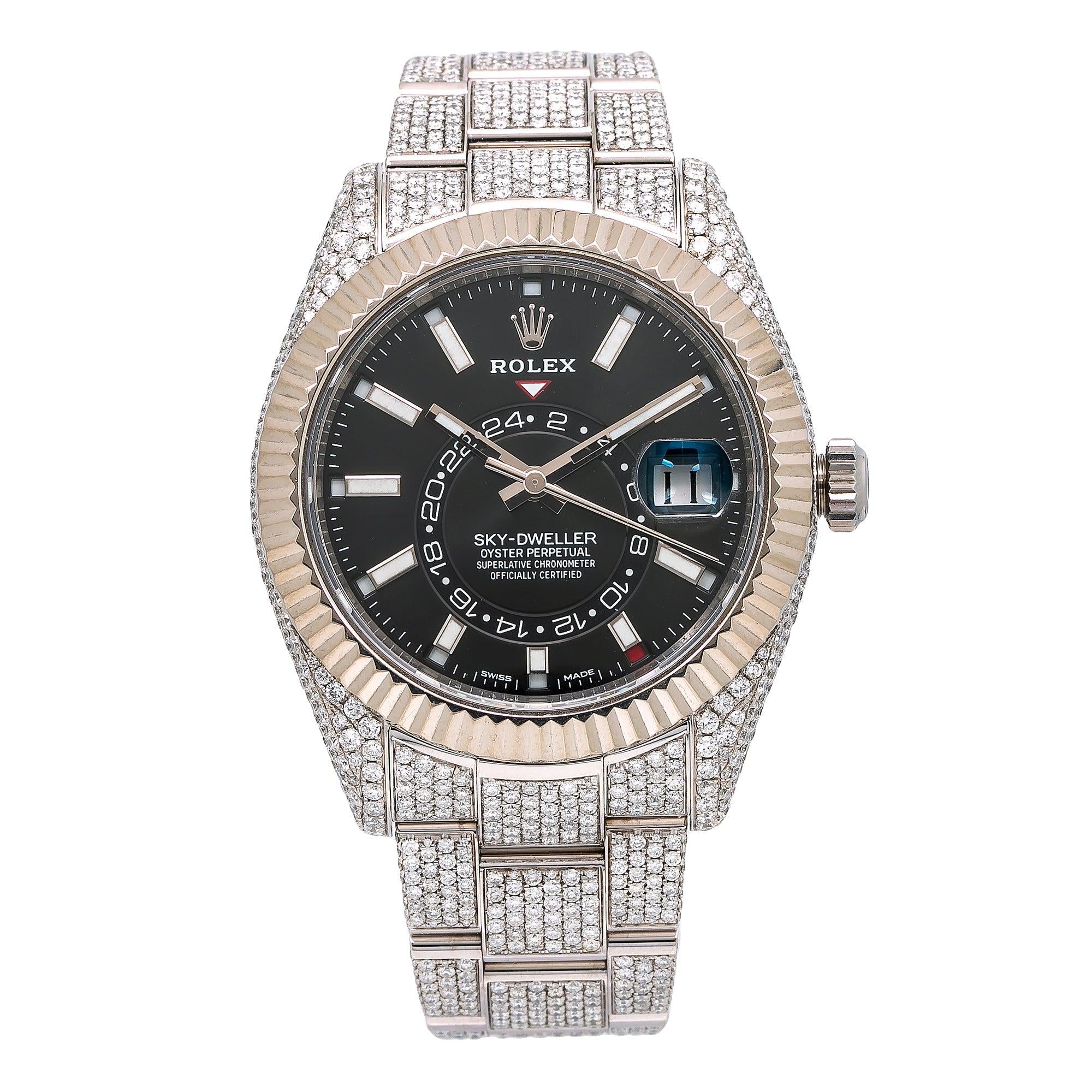 Rolex Sky-Dweller 42MM 326934 Black Dial White Gold Fluted Bezel Full Diamond Oyster Bracelet 22.25ct