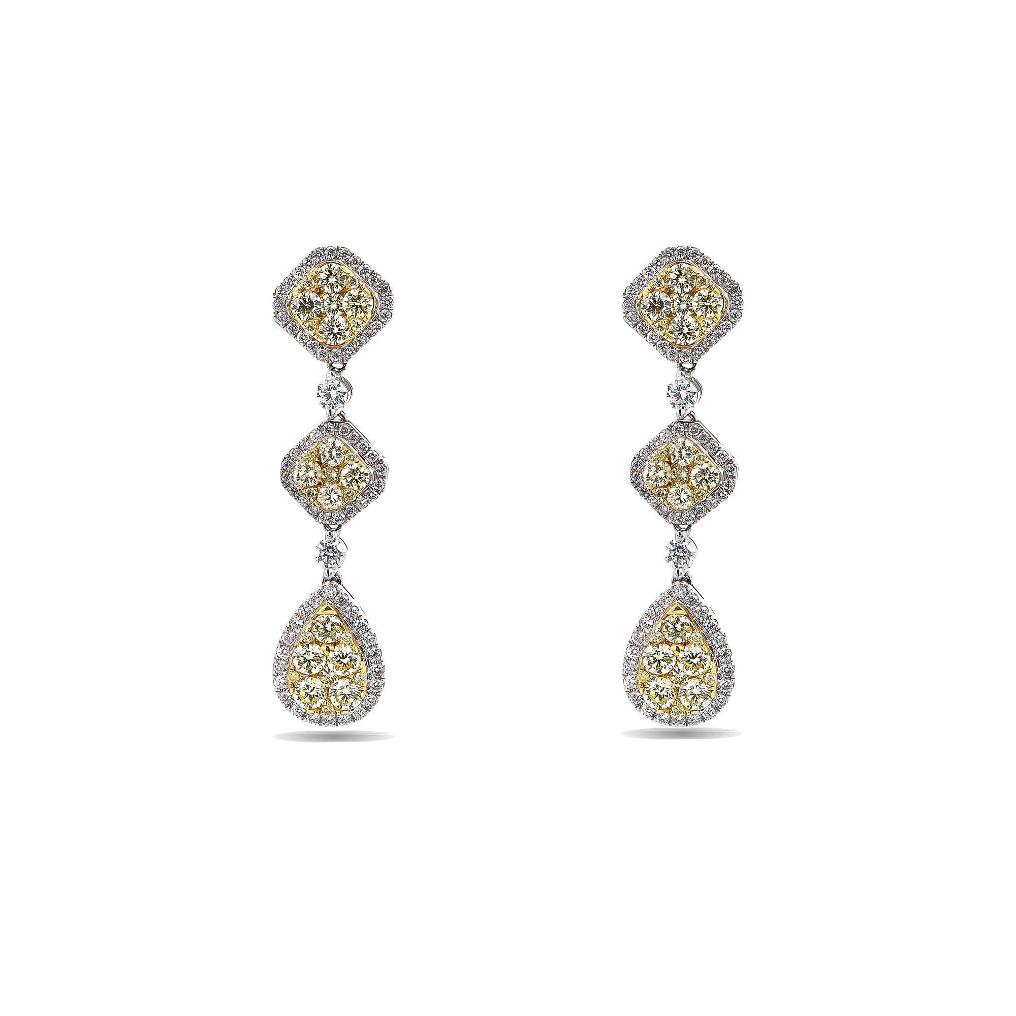 18K White Gold Ladies Drop Earrings With Total 3.07 CT Of Colored Diamonds