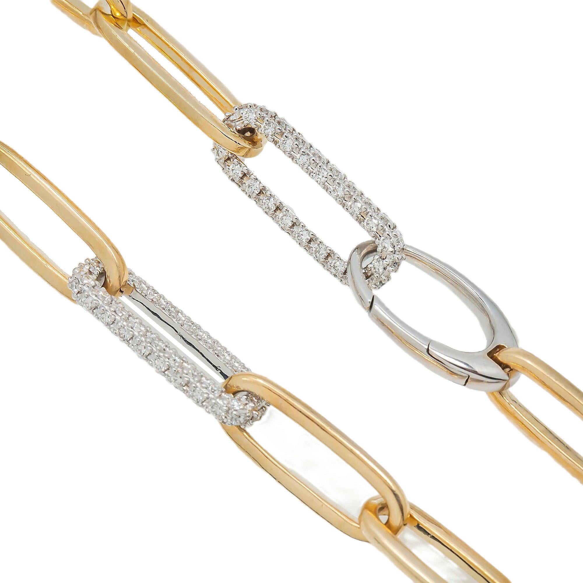14K GOLD PAPER CLIP CHAIN BRACELET 2.01 CT DIAMONDS