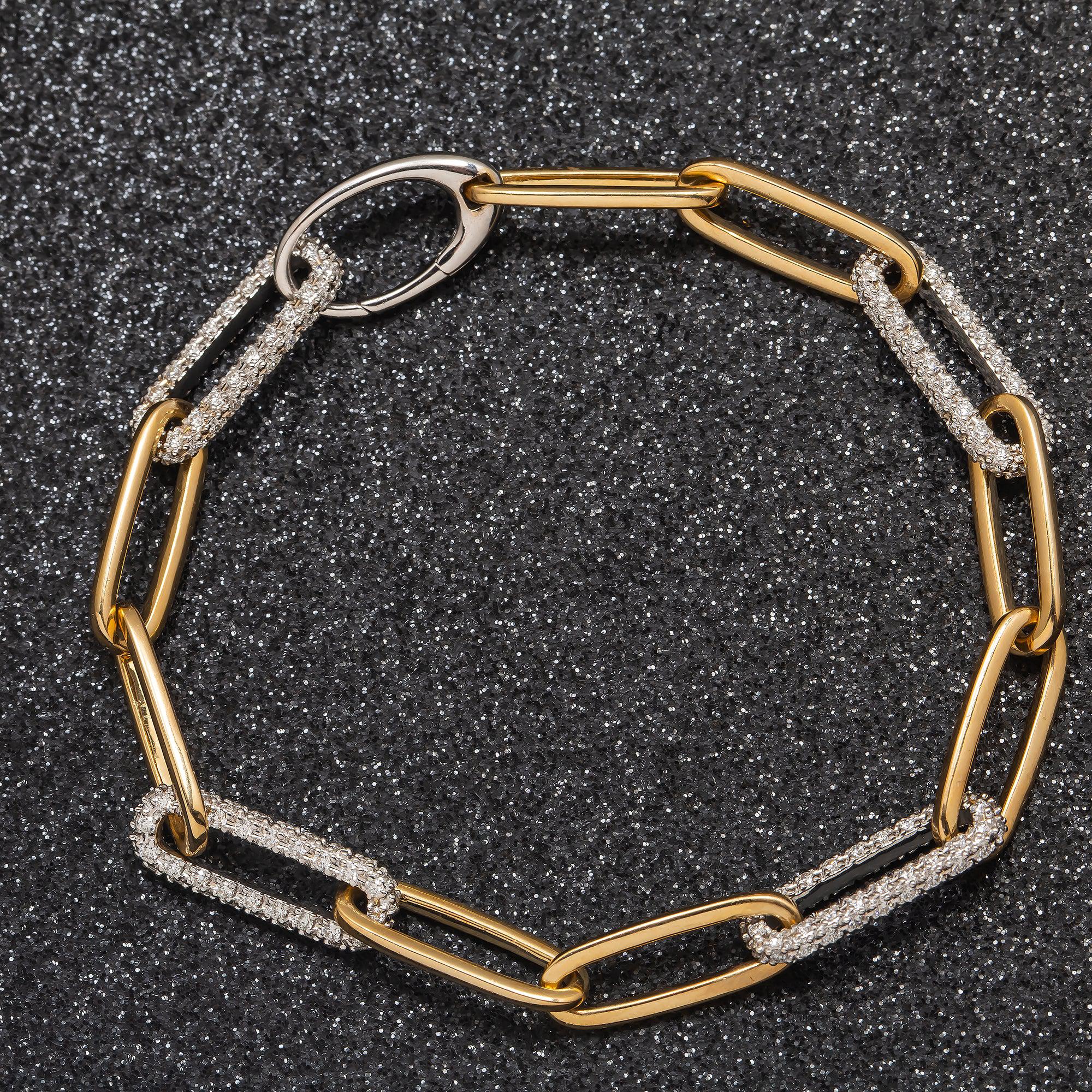 14K GOLD PAPER CLIP CHAIN BRACELET 2.01 CT DIAMONDS