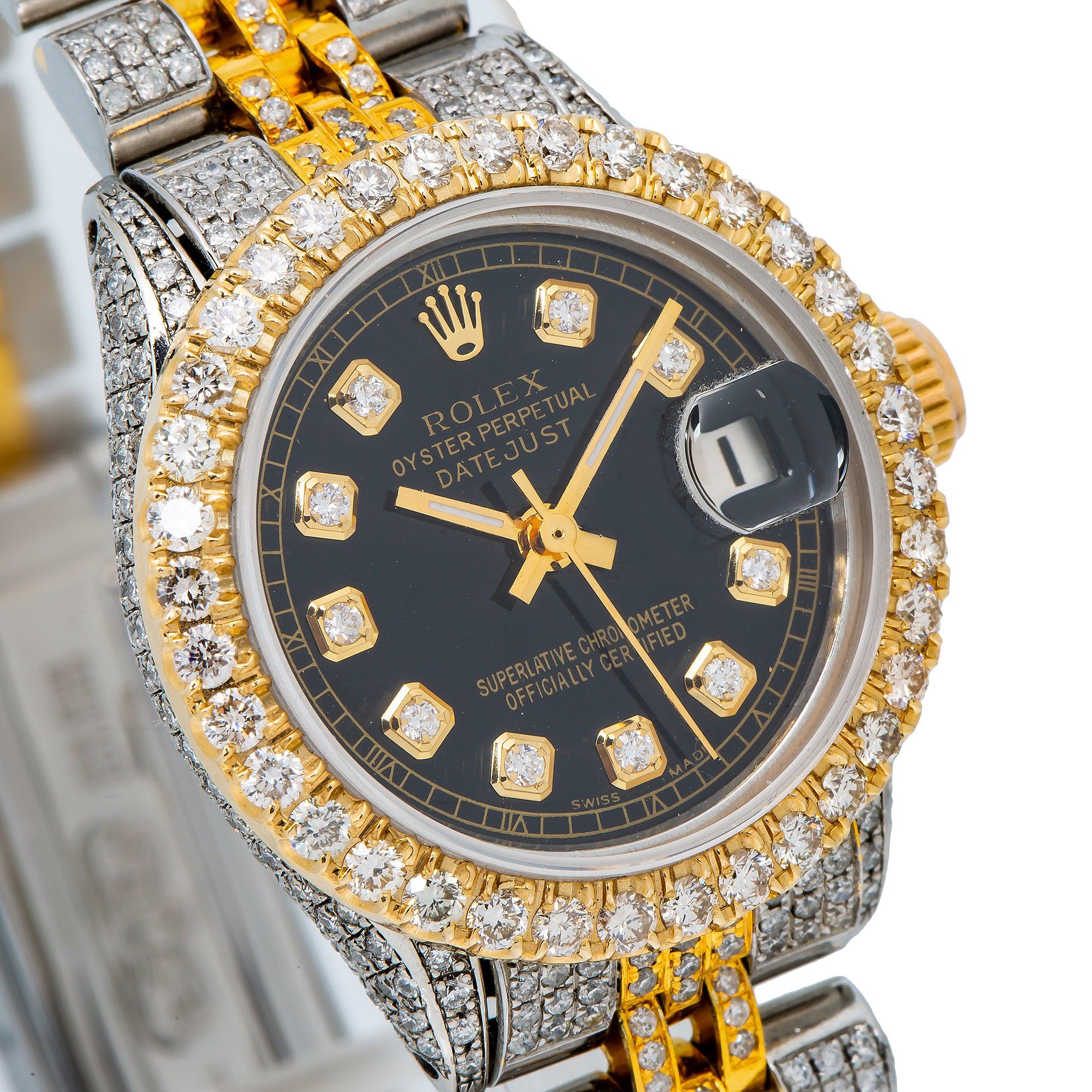 Rolex Datejust 26MM 6516 Black Diamond Dial Diamond Bezel Two Tone Full Diamond Jubilee Bracelet 6.25ct