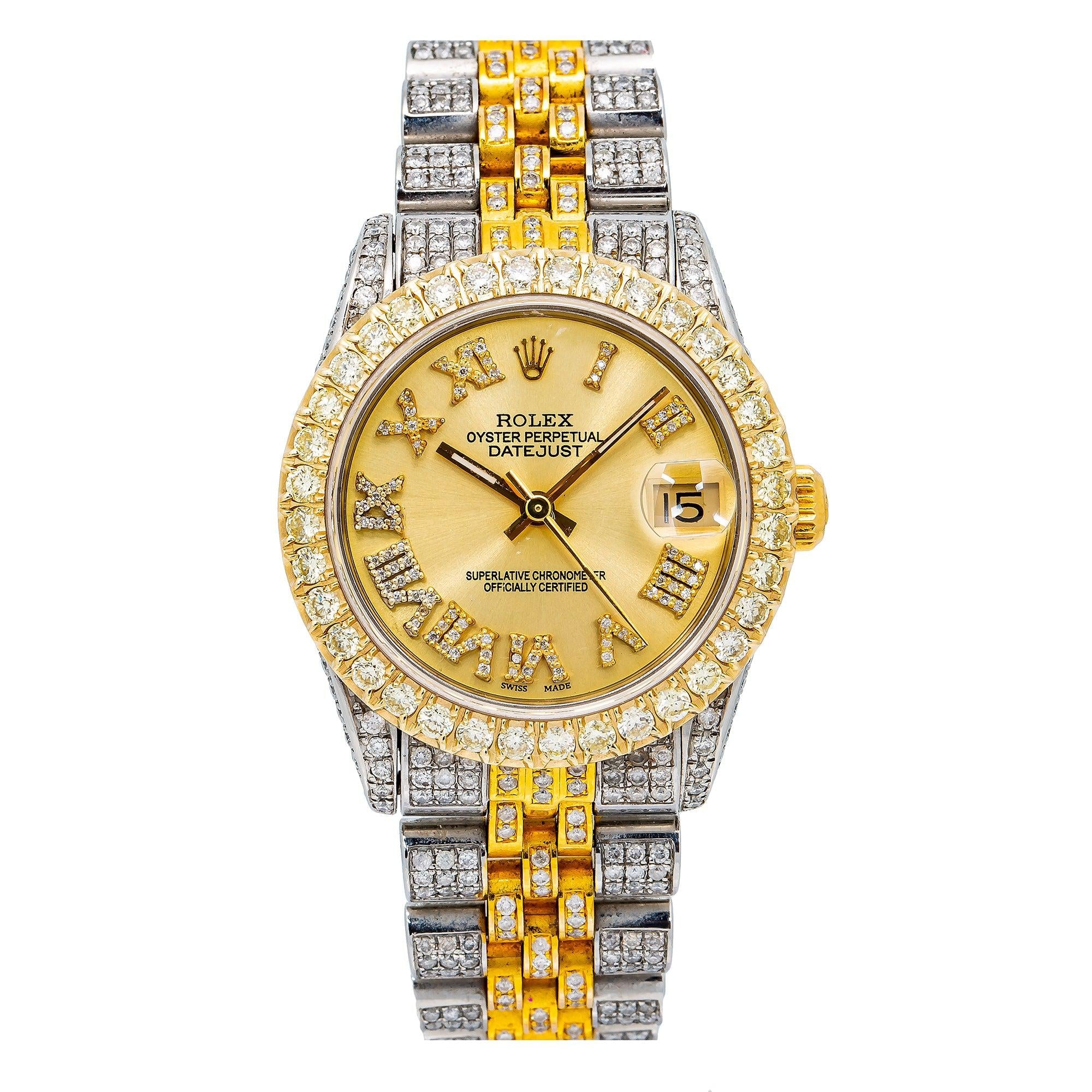 Rolex Datejust 31MM 68273 Champagne Roman Dial Diamond Bezel Two Tone Full Diamond Jubilee Bracelet 8.75ct