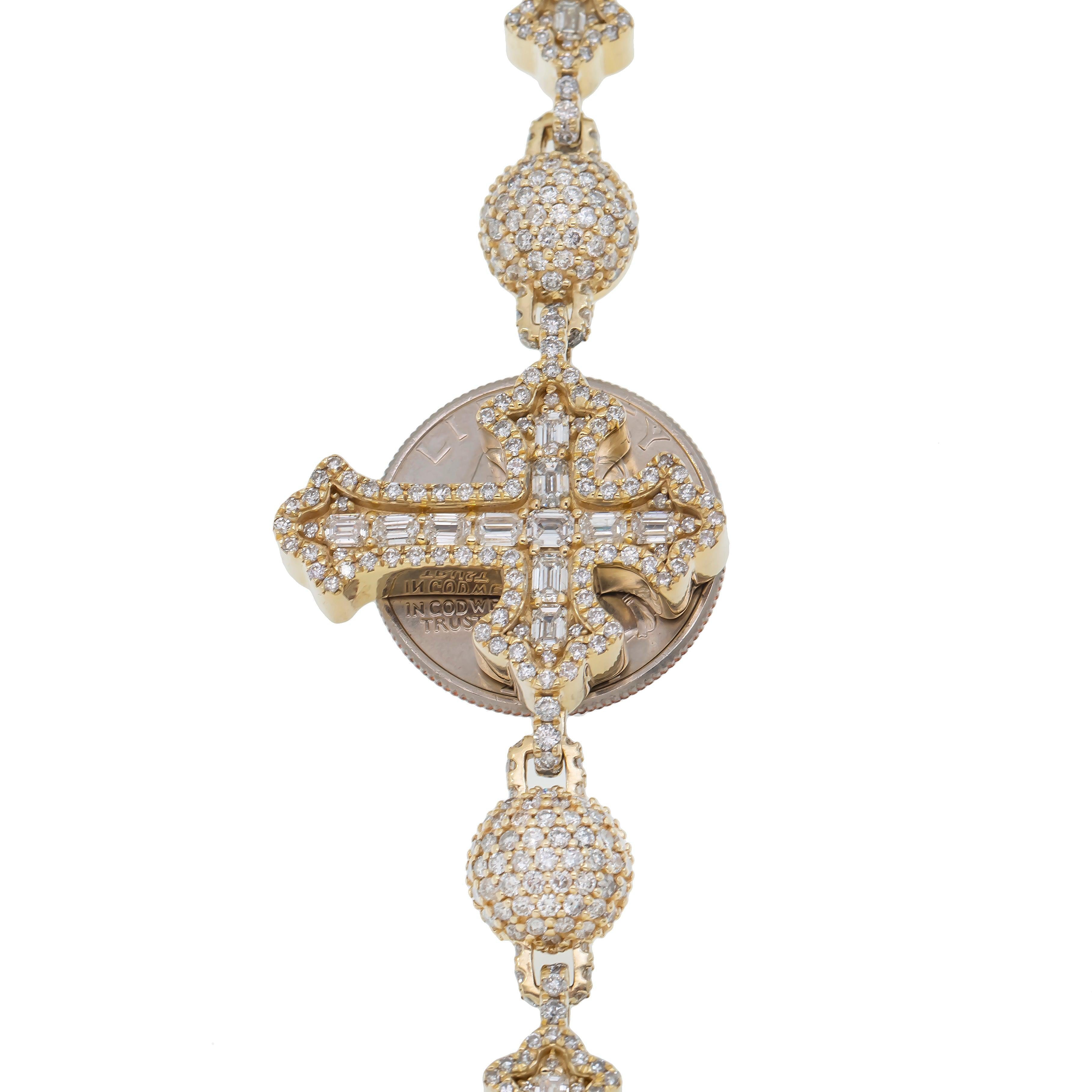 10K GOLD 10.9MM BAGUETTE DIAMOND CROSS BALL CHAIN 38.14 CT