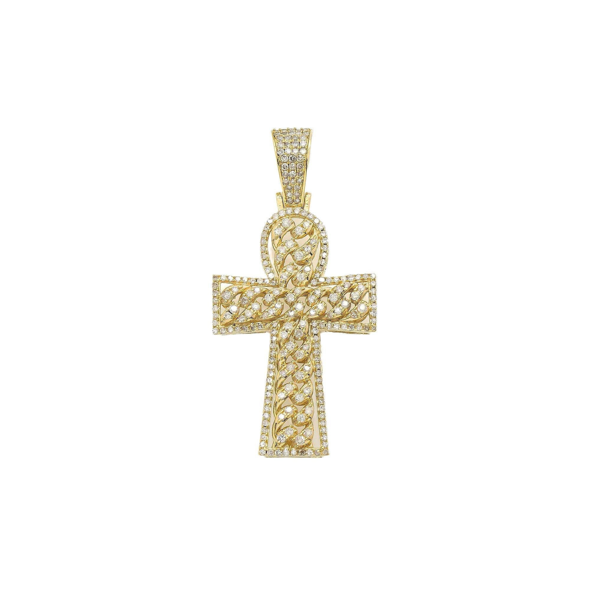 14K GOLD DIAMOND CROSS PENDANT WITH CUBAN LINK DETAIL 1.06 CT