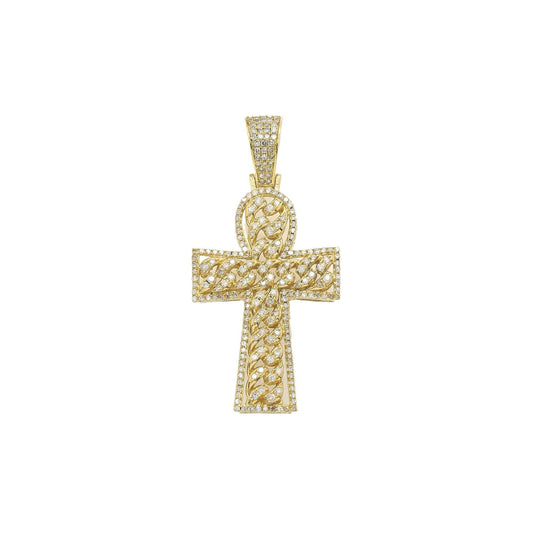 14K GOLD DIAMOND CROSS PENDANT WITH CUBAN LINK DETAIL 1.06 CT