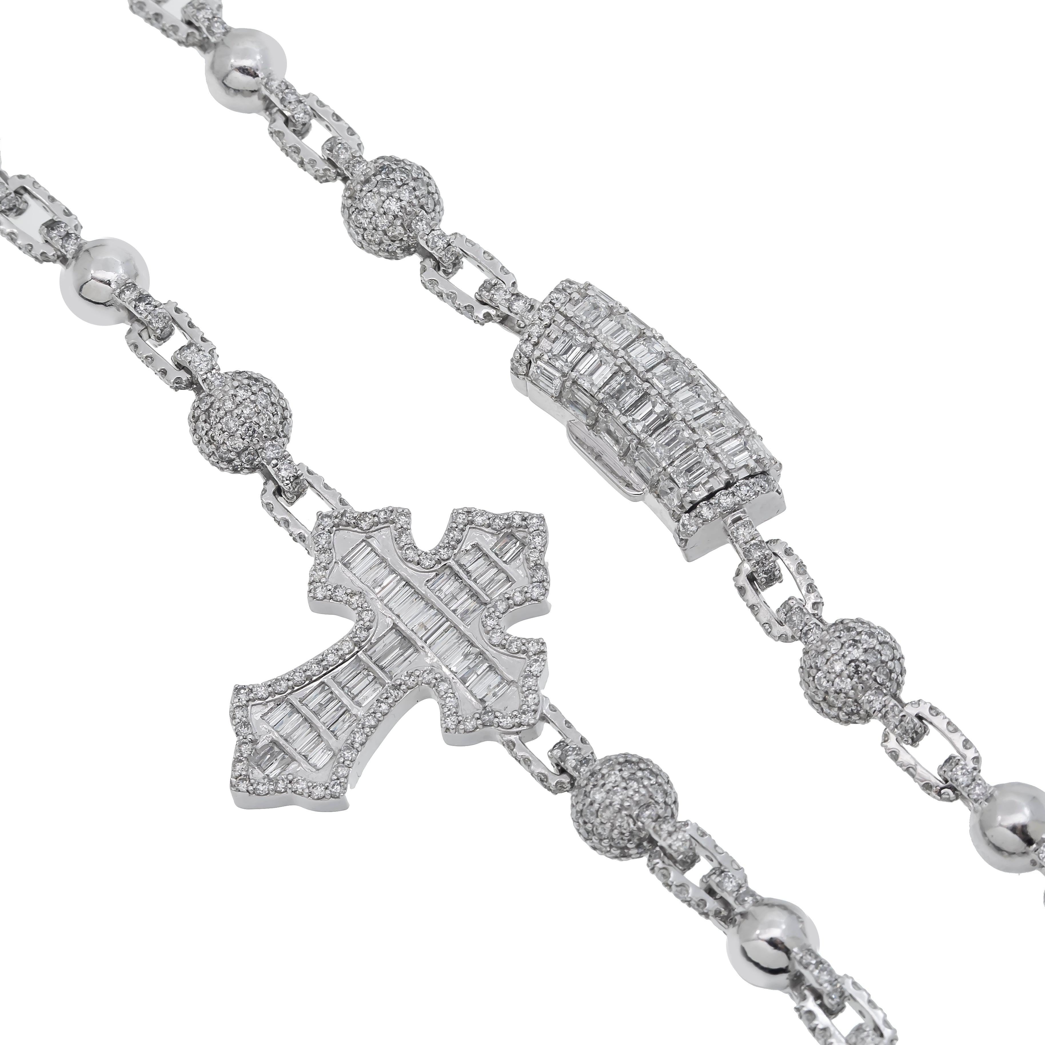 10K GOLD 8MM BAGUETTE DIAMOND CROSS BALL CHAIN 29.25 CT