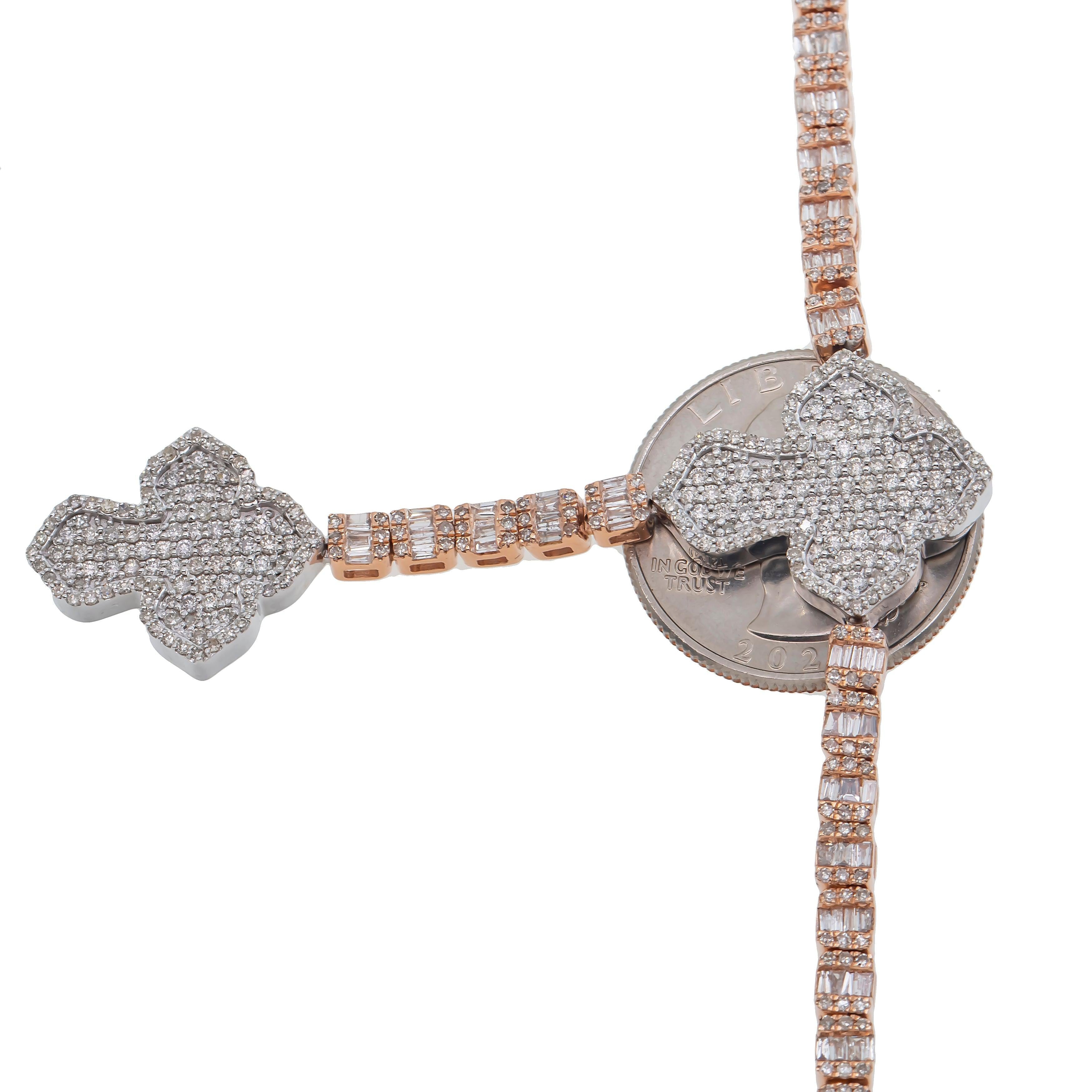 10K GOLD 3.88MM TWO-TONE BAGUETTE DIAMOND LARIAT CROSS CHAIN 8.82 CT