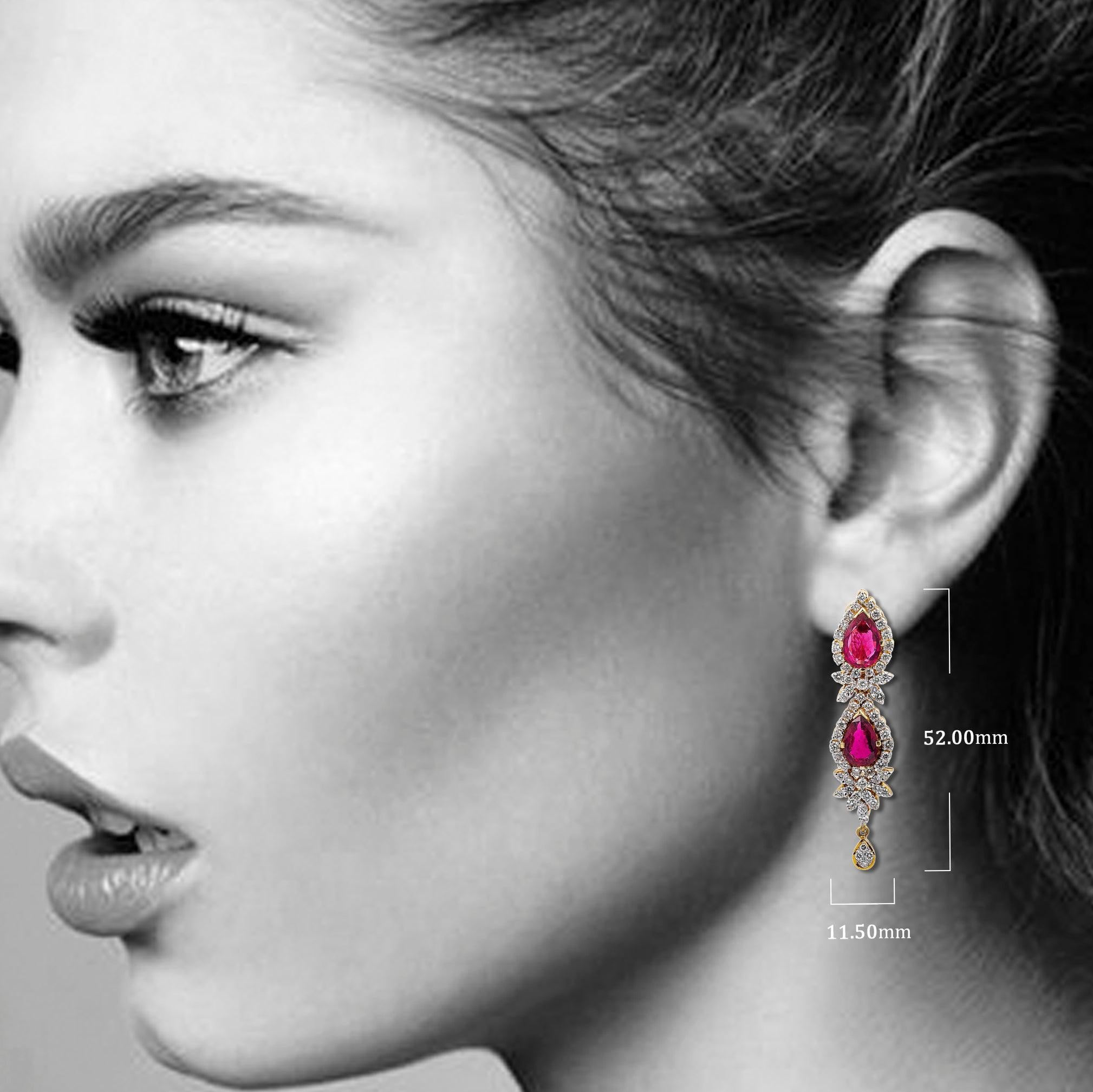 18K Yellow Gold  Tears Shaped Ladies Earrings With White Diamonds and Red Stone