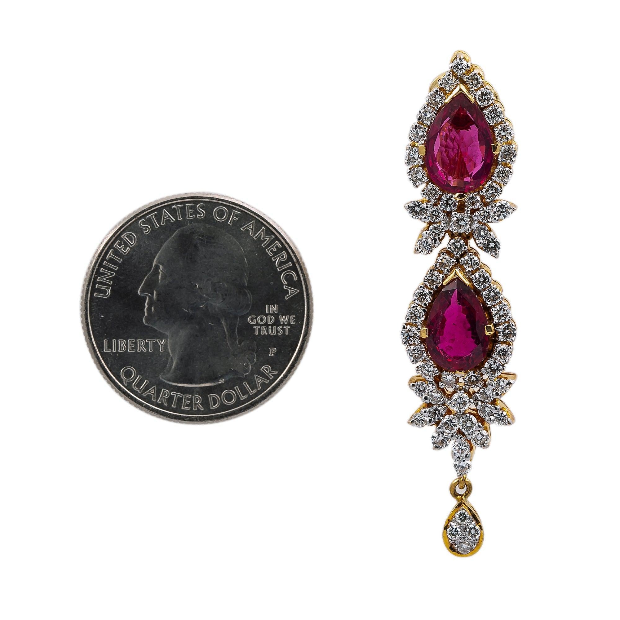 18K Yellow Gold  Tears Shaped Ladies Earrings With White Diamonds and Red Stone