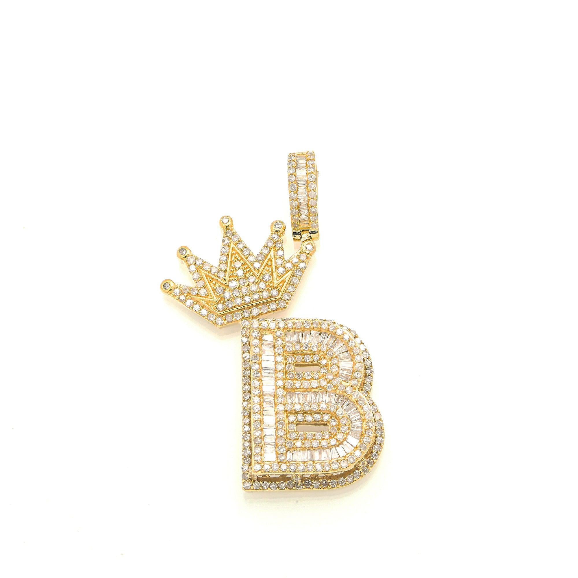 14K GOLD DIAMOND INITIAL B WITH CROWN PENDANT 1.81 CT