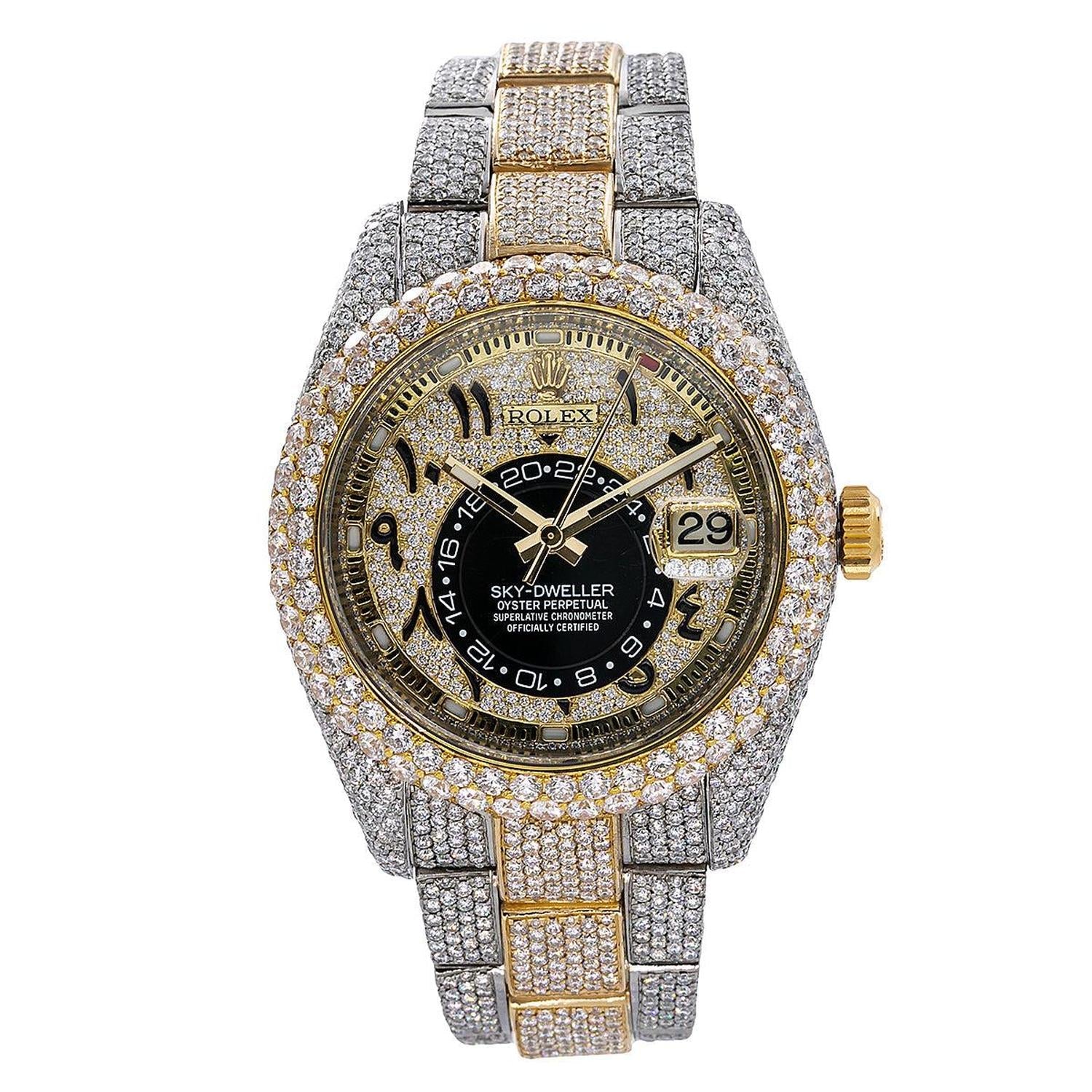 Rolex Sky-Dweller 42MM 326933 Diamond Paved Eastern Arabic Dial Diamond Bezel Two Tone Full Diamond Oyster Bracelet 25.75ct