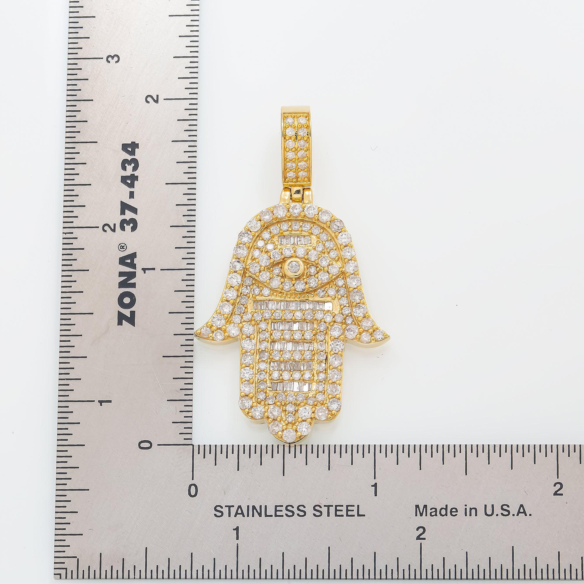 14K GOLD DIAMOND HAMSA WITH EVIL EYE PENDANT 3.14 CT