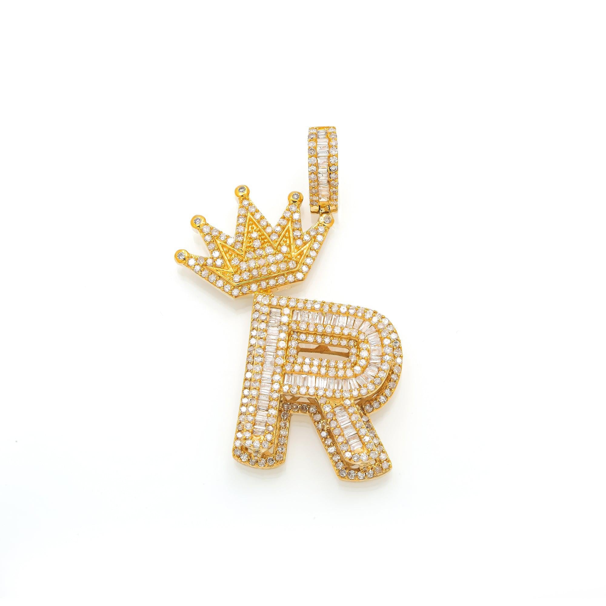 14K GOLD DIAMOND INITIAL R WITH CROWN PENDANT 1.80 CT