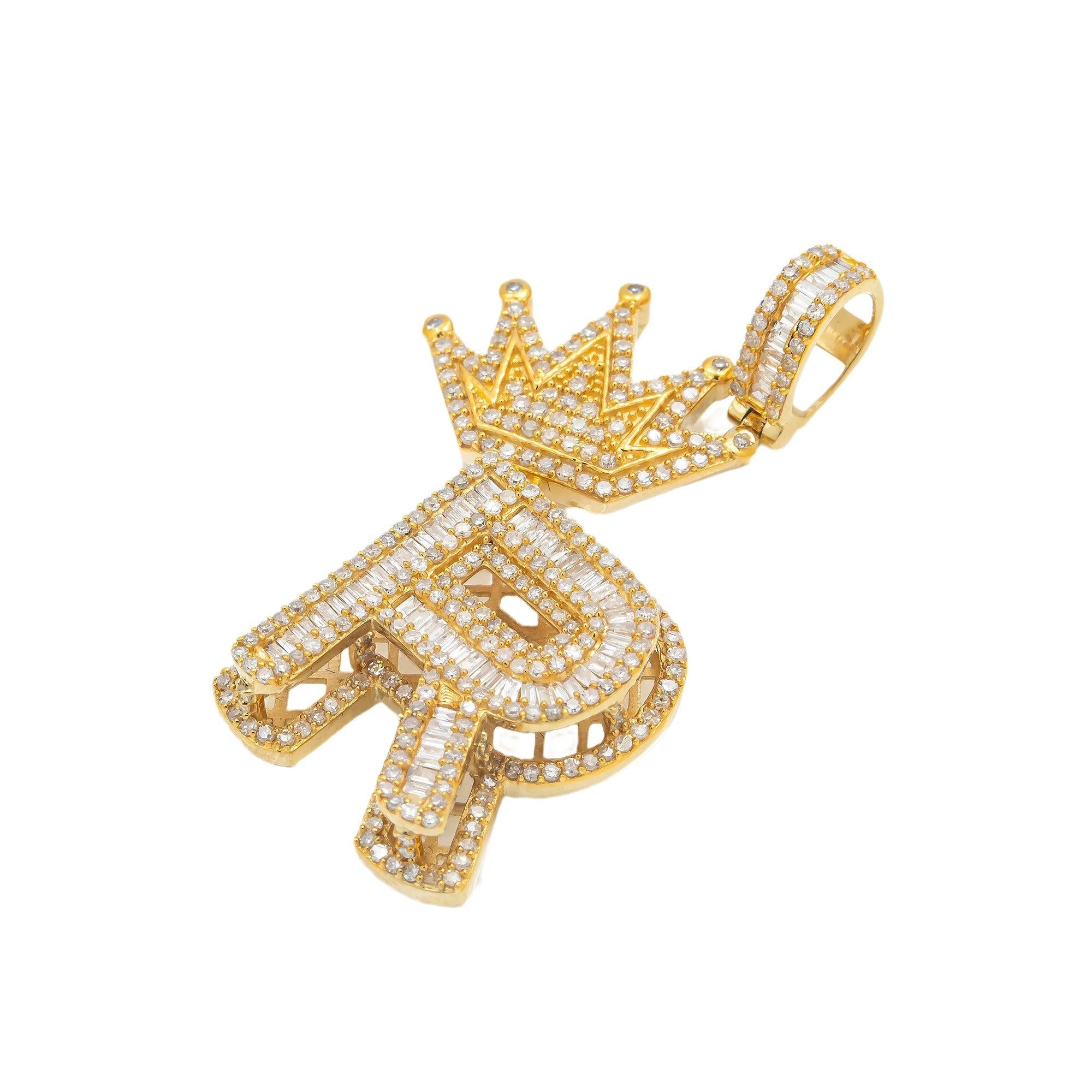 14K GOLD DIAMOND INITIAL R WITH CROWN PENDANT 1.80 CT