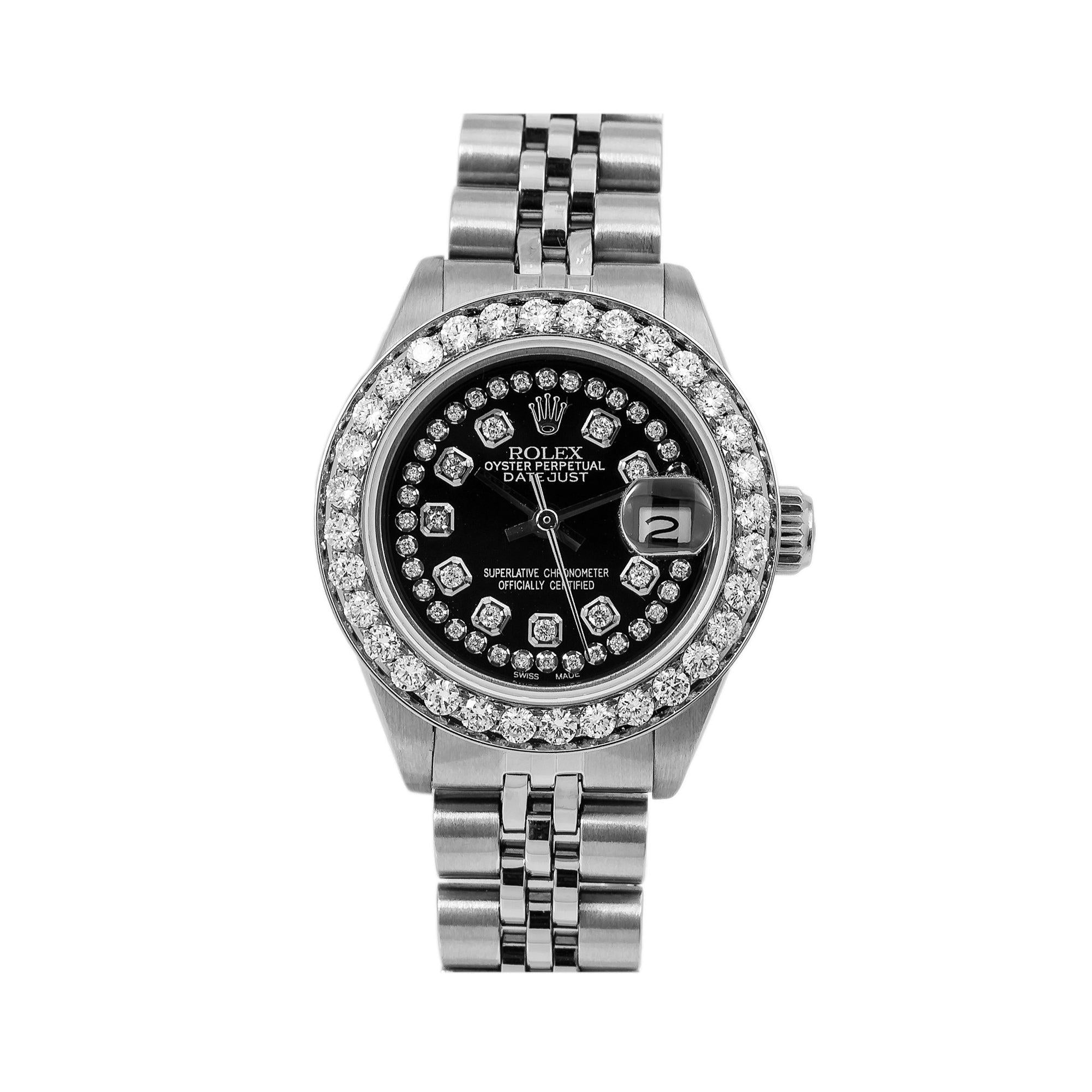 Rolex Lady-Datejust Diamond Watch, 6917 26mm, Black Diamond Dial With 1.80 CT Diamonds Jubilee Bracelet