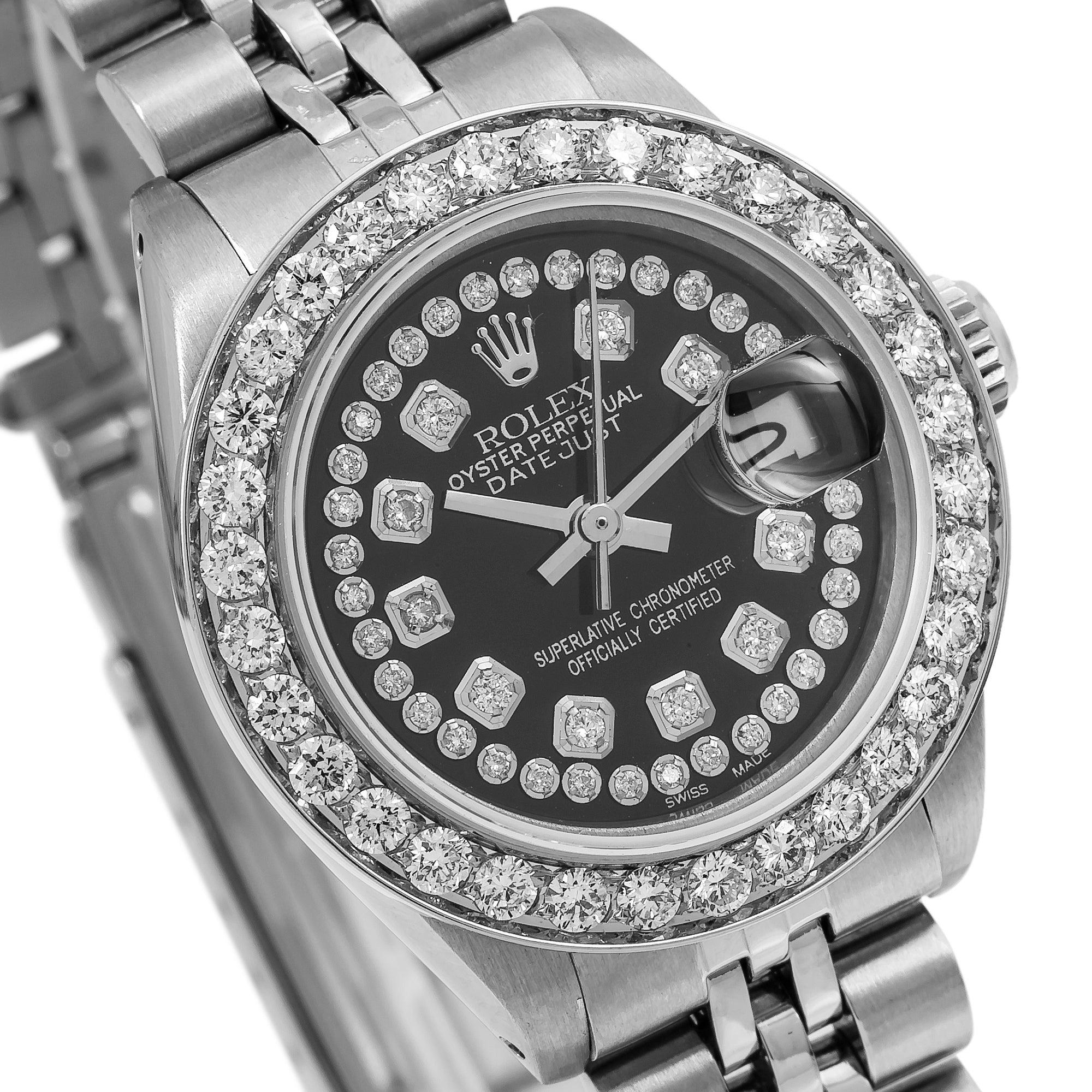 Rolex Lady-Datejust Diamond Watch, 6917 26mm, Black Diamond Dial With 1.80 CT Diamonds Jubilee Bracelet