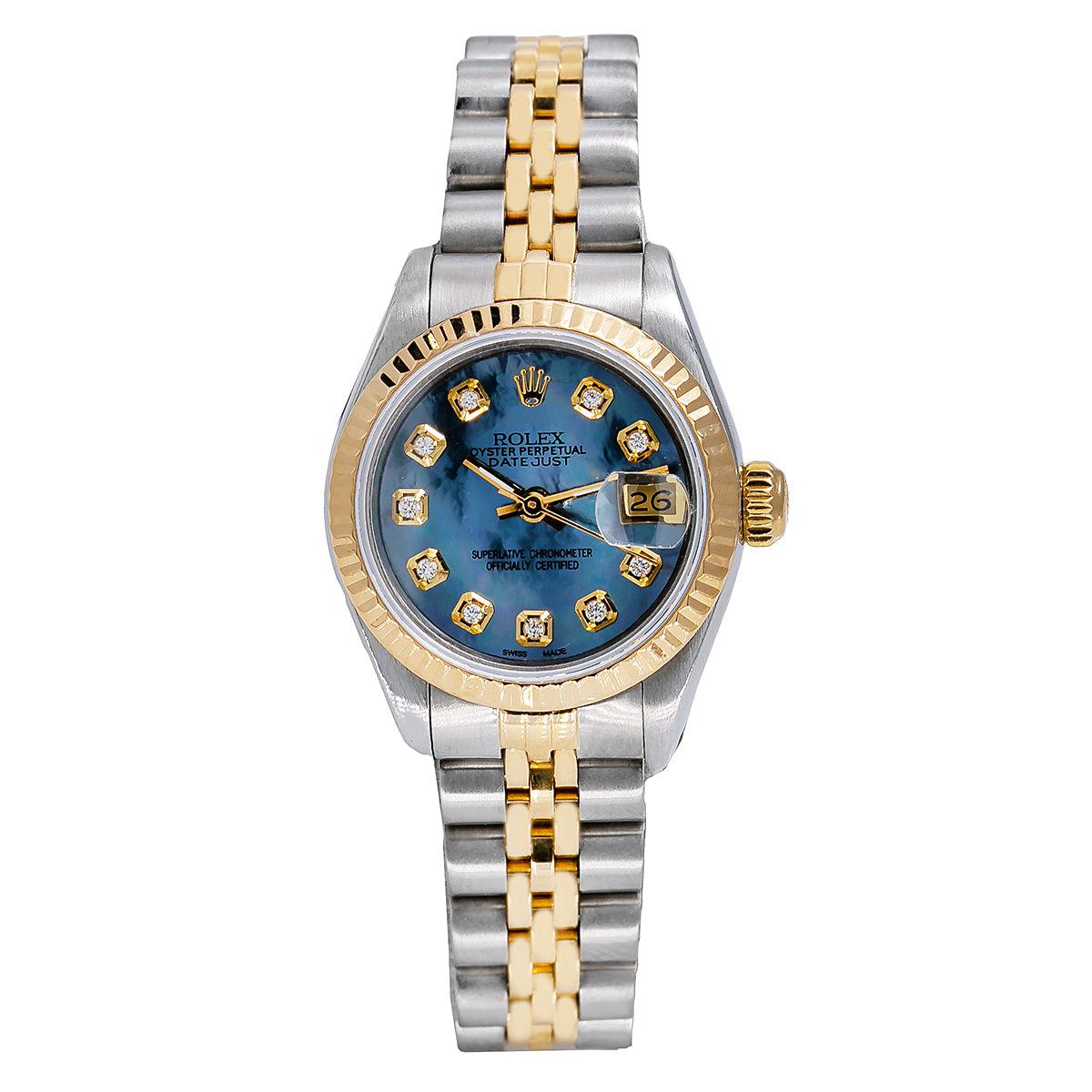 Rolex Datejust Two Tone Diamond Watch, 6917 26mm, Blue Dial with Diamond Hour Marks