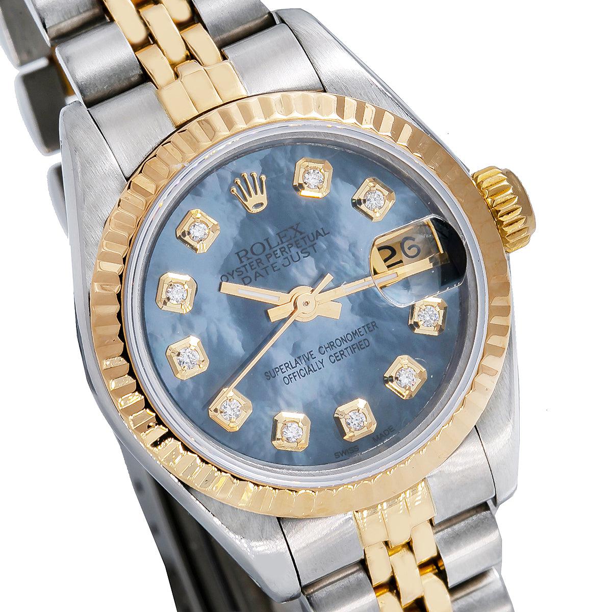 Rolex Datejust Two Tone Diamond Watch, 6917 26mm, Blue Dial with Diamond Hour Marks