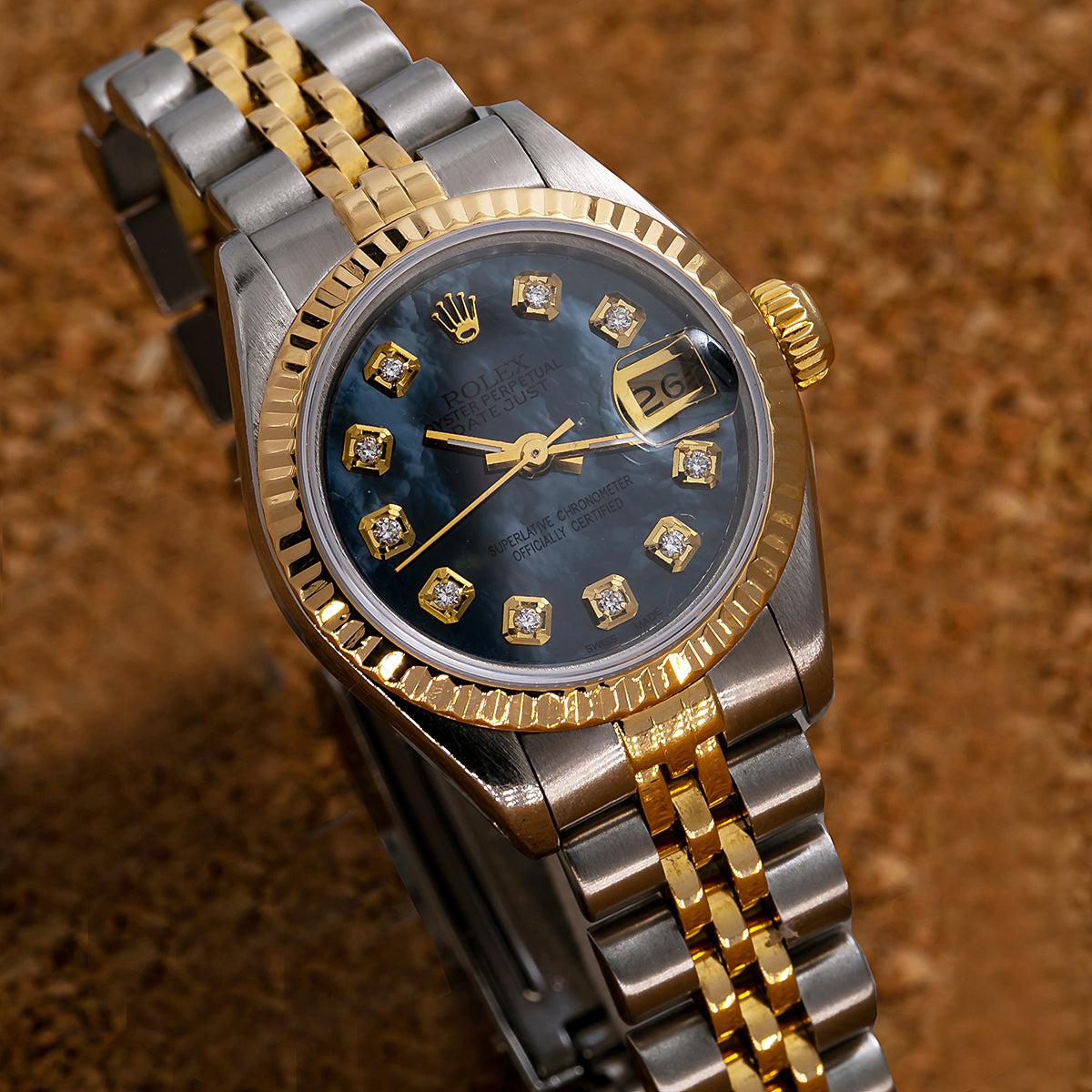 Rolex Datejust Two Tone Diamond Watch, 6917 26mm, Blue Dial with Diamond Hour Marks