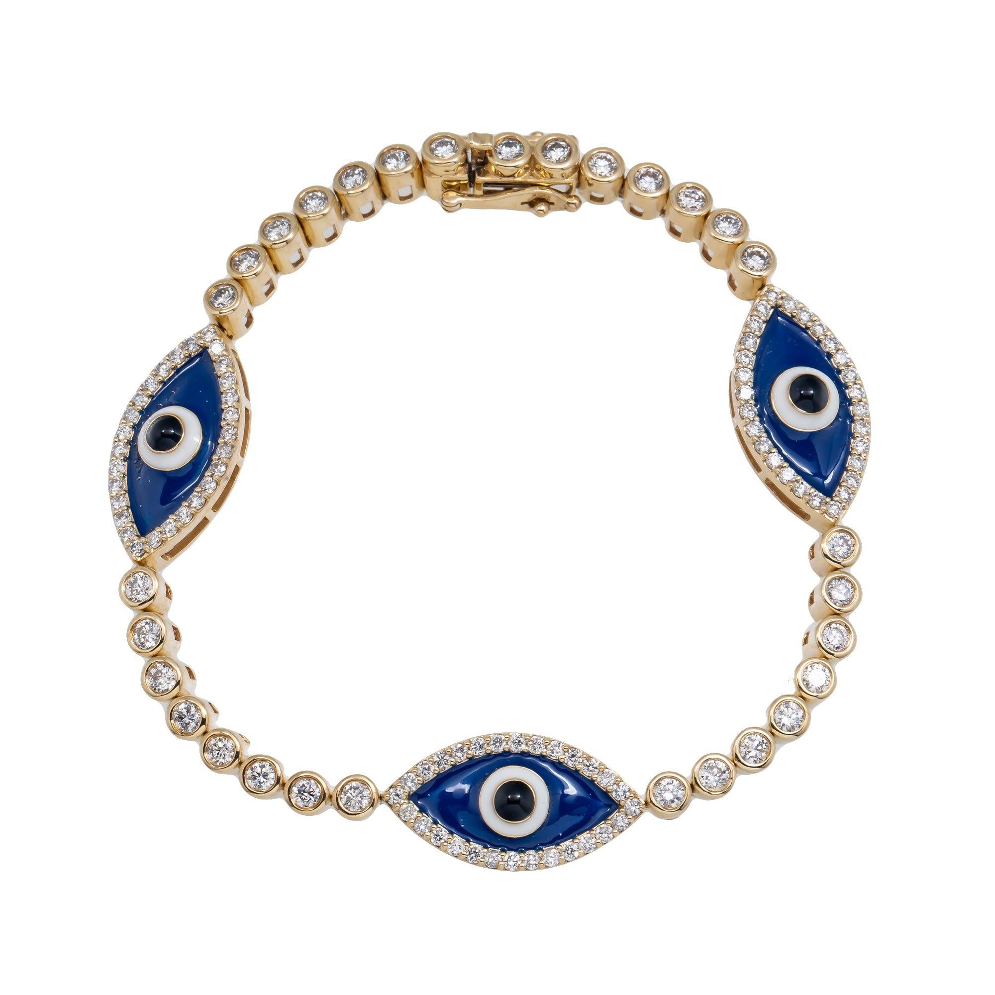 14K GOLD ROUND DIAMONDS EVIL EYE TENNIS BRACELET 2.75 CT