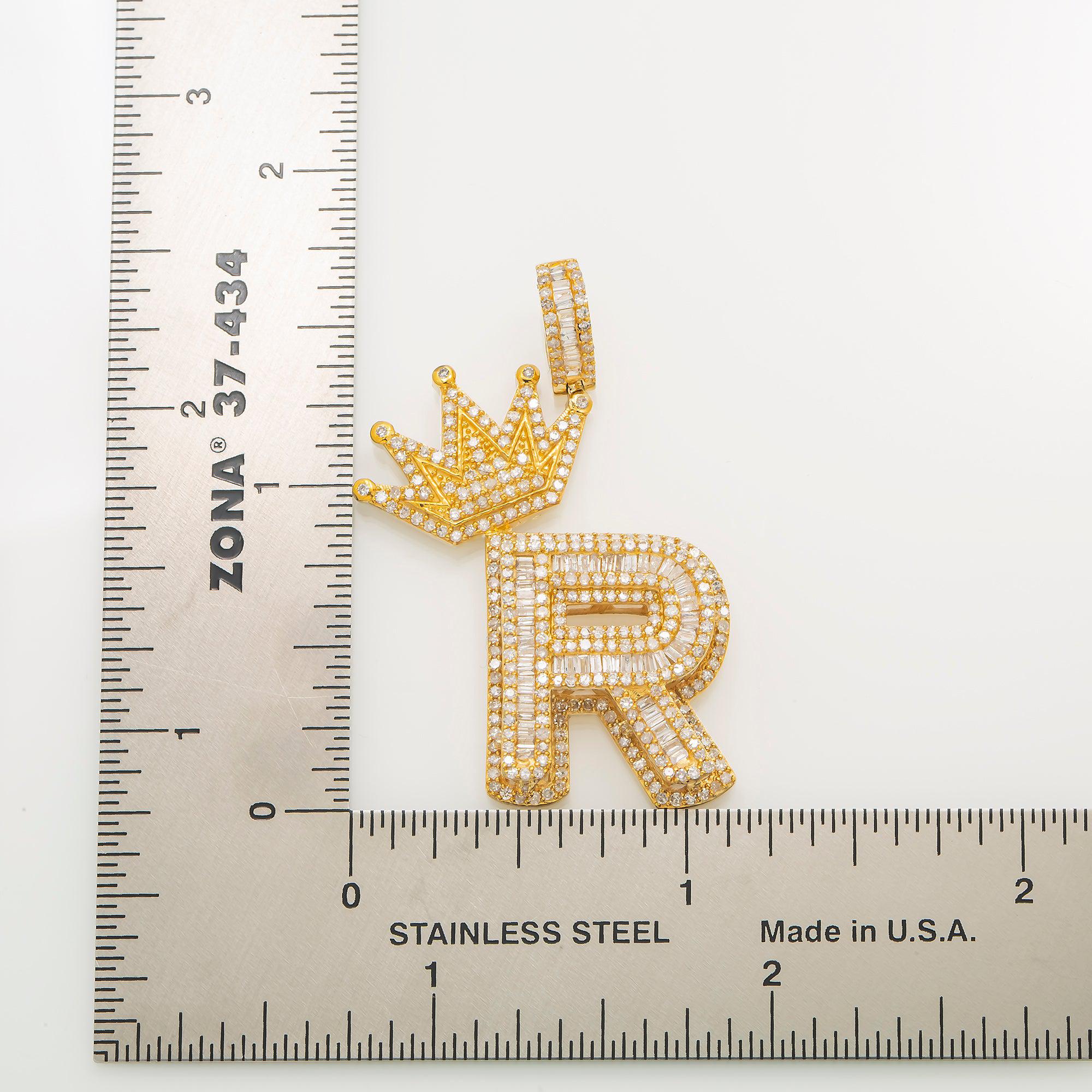 14K GOLD DIAMOND INITIAL R WITH CROWN PENDANT 1.80 CT