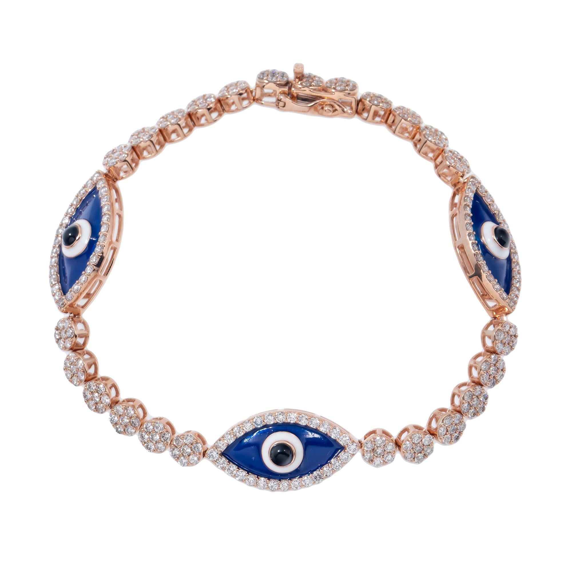 14K GOLD ROUND DIAMONDS EVIL EYE TENNIS BRACELET 3.50 CT