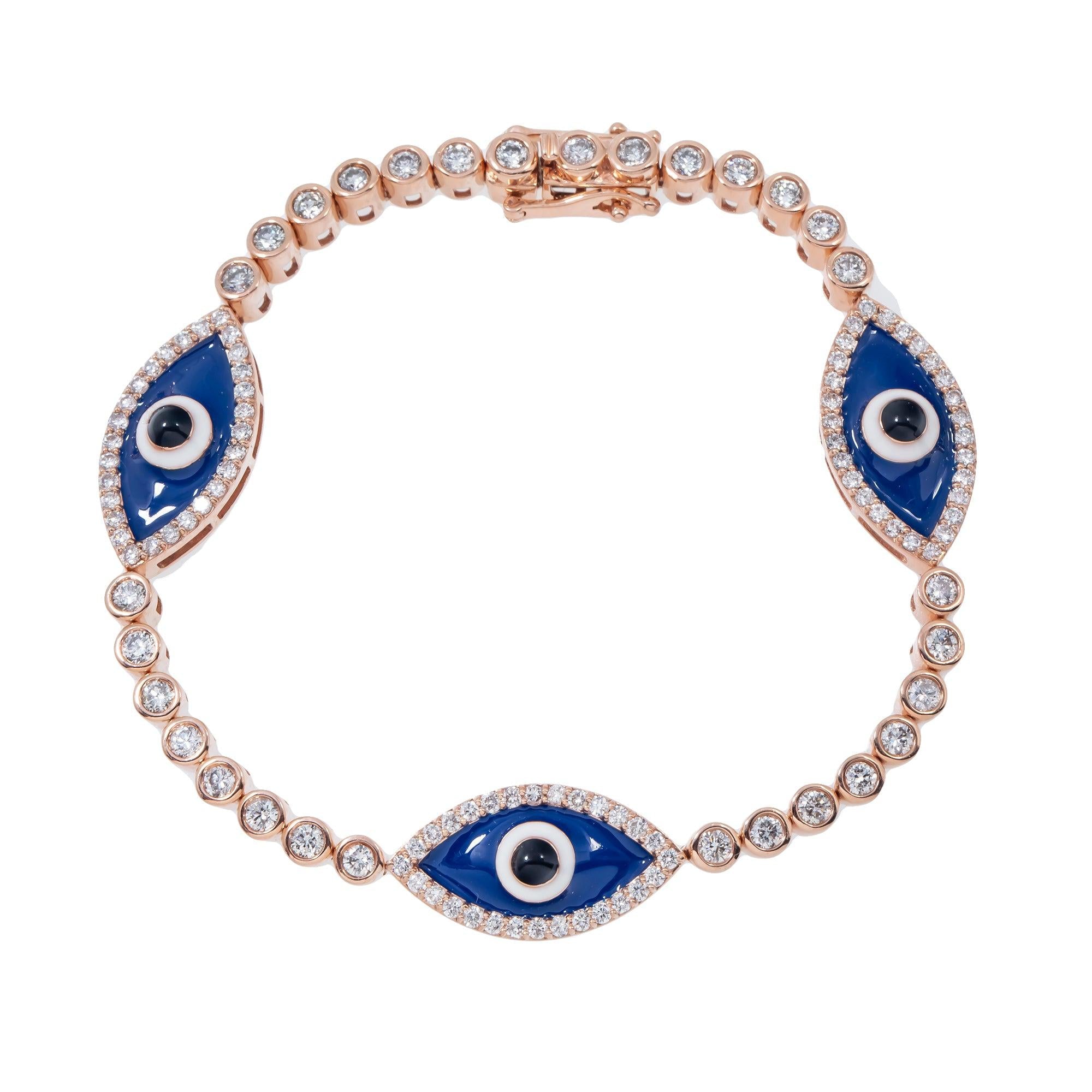 14K GOLD ROUND DIAMONDS EVIL EYE TENNIS BRACELET 2.75 CT
