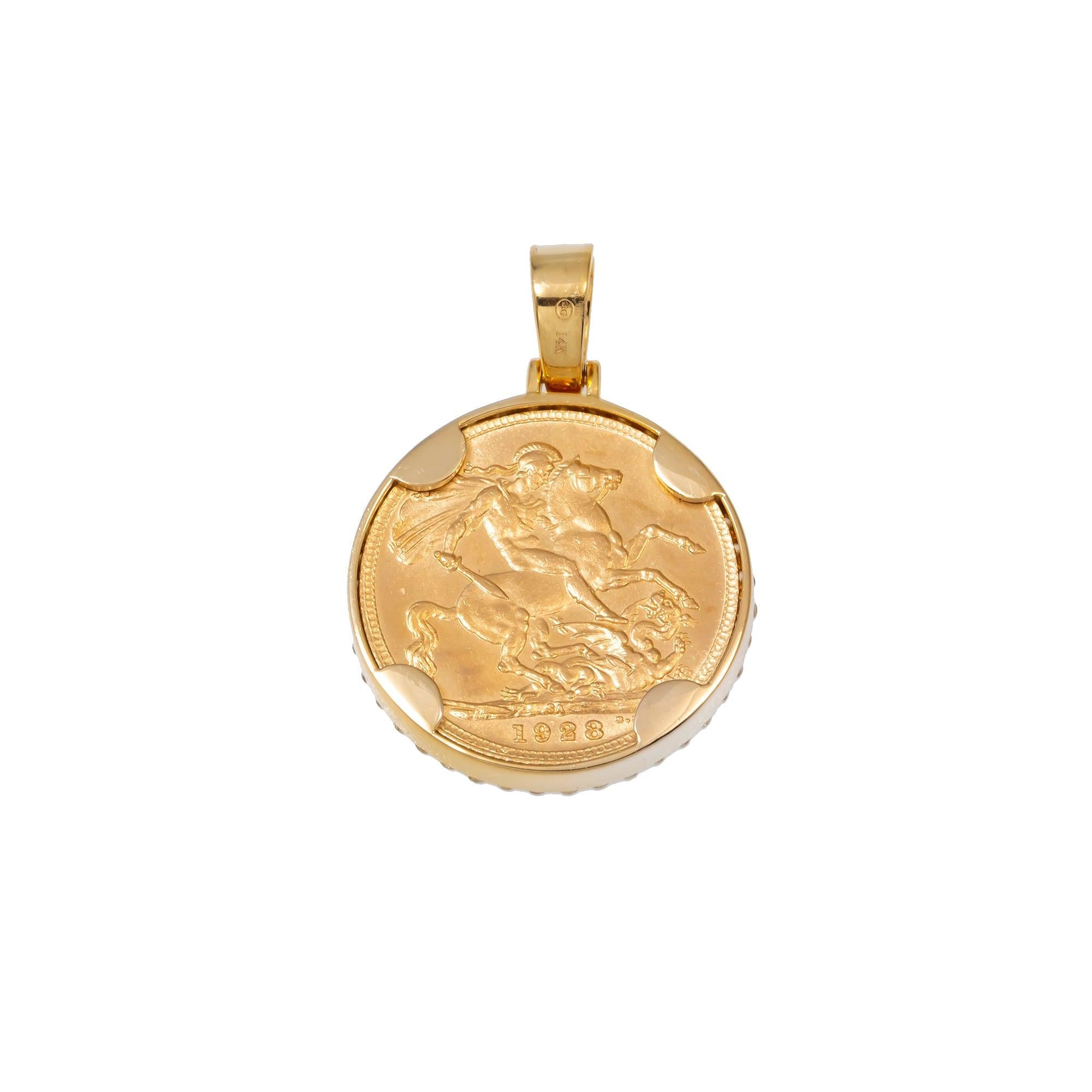 14K GOLD DIAMOND 1/4 OZ. BRITISH SOVEREIGN COIN PENDANT 0.85 CT