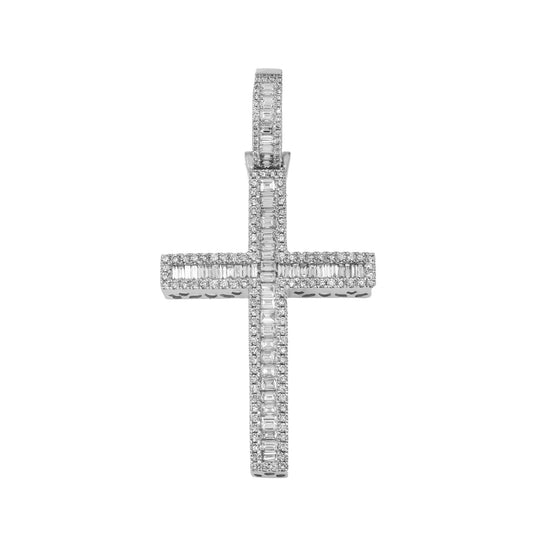 14K GOLD BAGUETTE AND ROUND DIAMOND CROSS PENDANT 2.80 CT