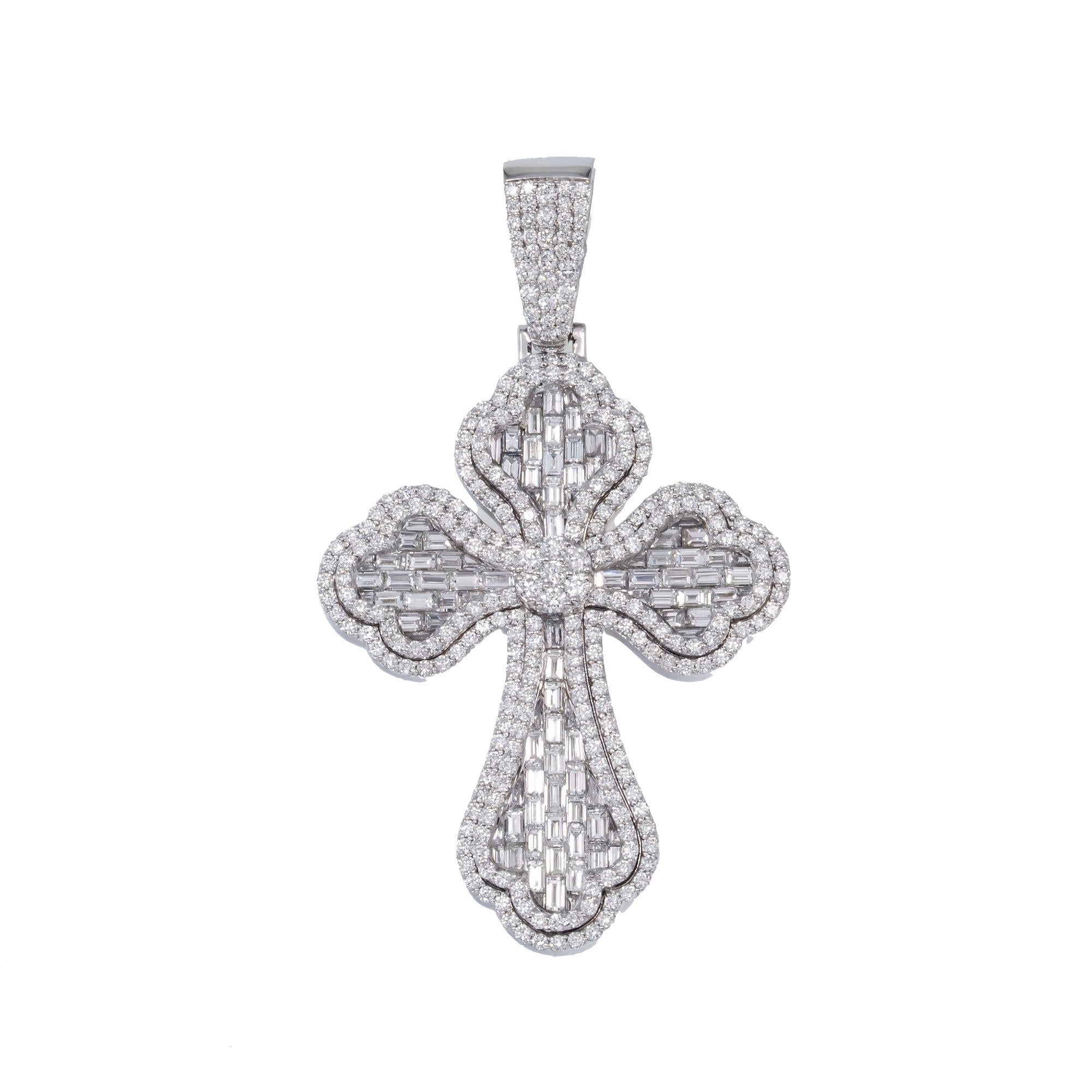 14K GOLD BAGUETTE DIAMOND INVERTED 3D FLEUR DE LIS CROSS PENDANT 5.20 CT
