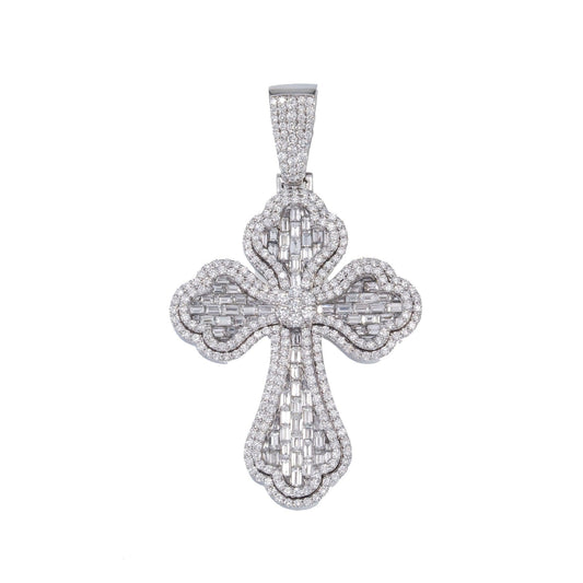 14K GOLD BAGUETTE DIAMOND INVERTED 3D FLEUR DE LIS CROSS PENDANT 5.20 CT