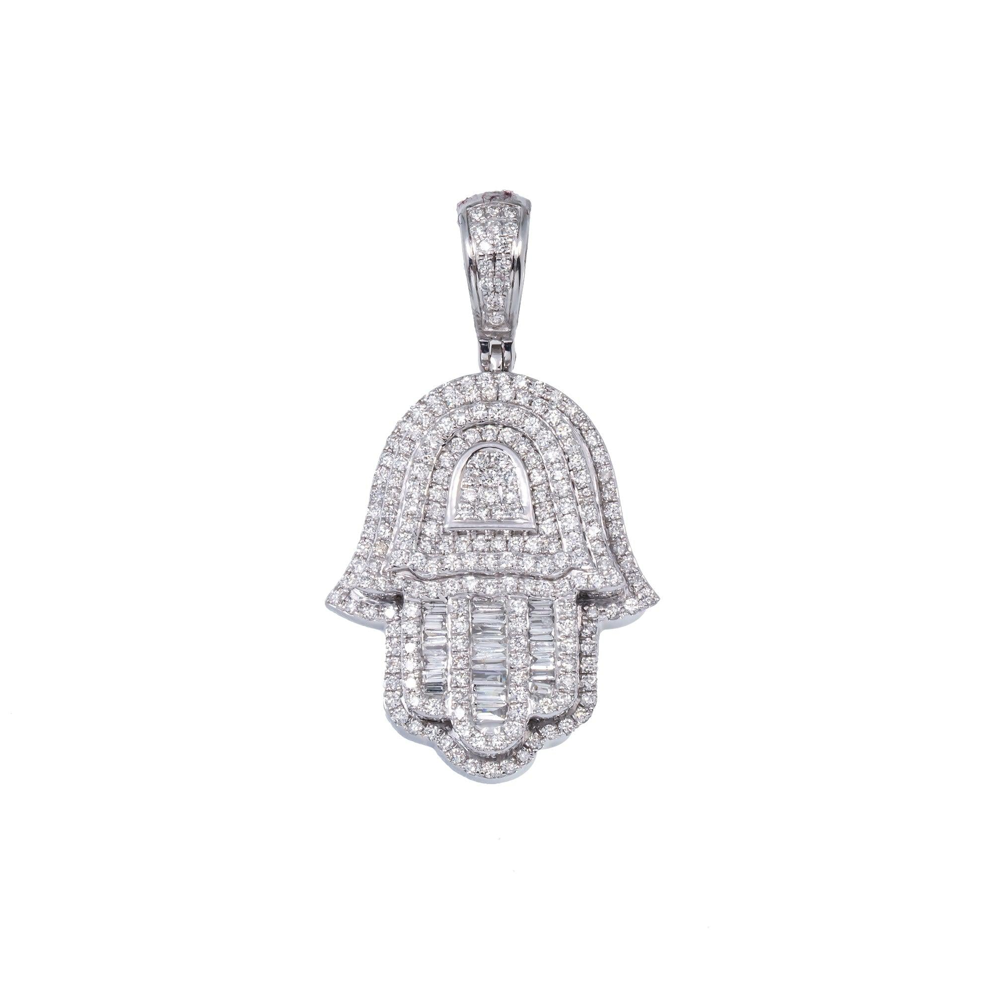 14K GOLD BAGUETTE DIAMOND HAMSA PENDANT 2.65 CT