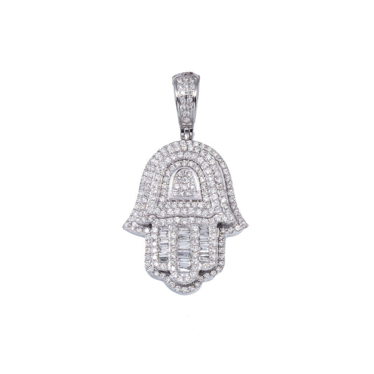 14K GOLD BAGUETTE DIAMOND HAMSA PENDANT 2.65 CT
